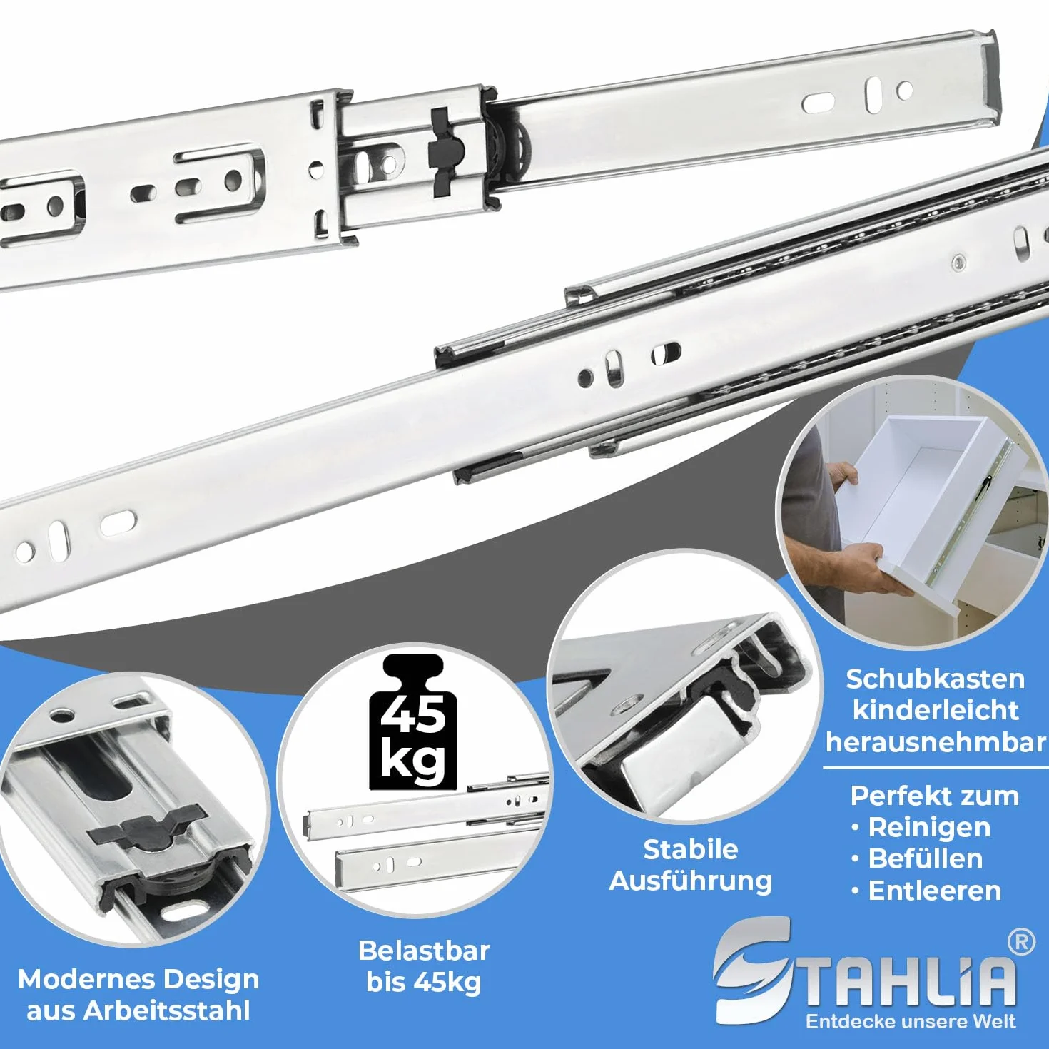 Stahlia Szyny do szuflad, 10 sztuk, pełny wysuw, prowadnica rolkowa, szyna teleskopowa wysuwana do szuflad, wys.: 45 / dł.: 700 mm, nośność 45 kg/para, łożyska kulkowe ze stalową klatką