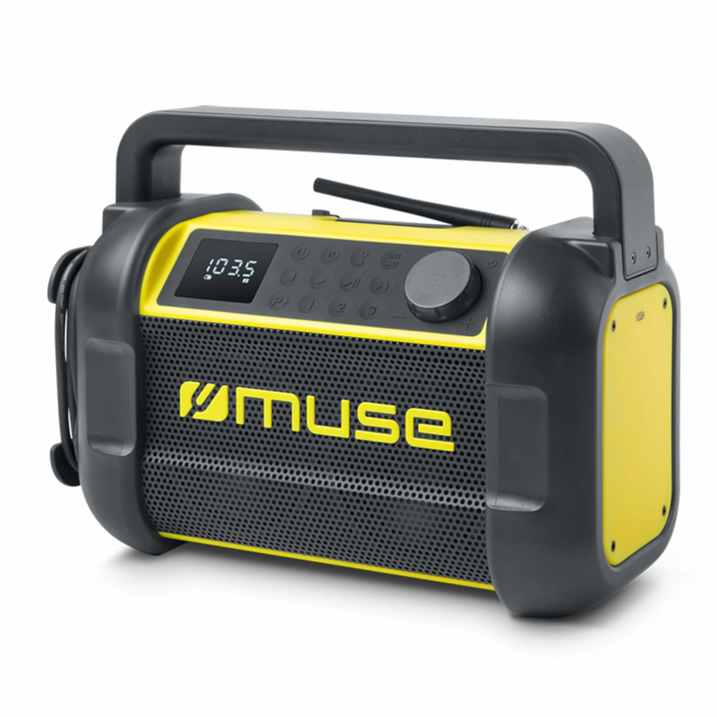 Muse M-928 BTY radio na plac budowy, wytrzymałe, odporne na kurz i wodę bryzgową (IP64), z Bluetooth i radiem FM, zintegrowaną ładowarką i złączem USB-C, czarno-żółte