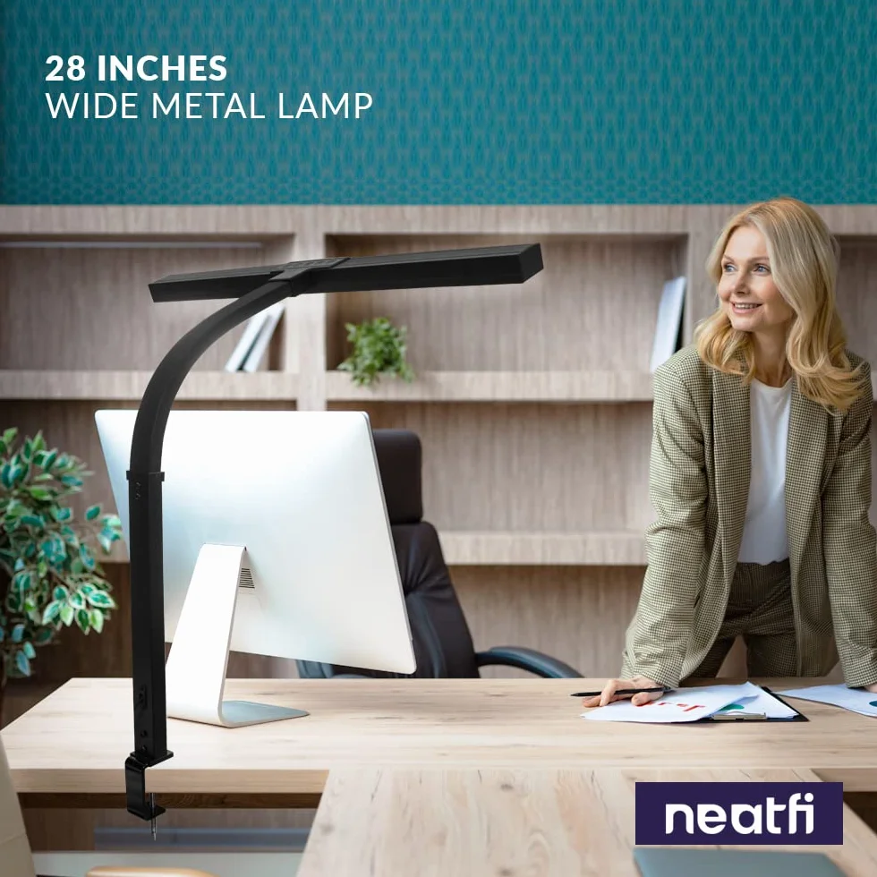 (Nowy model) Neatfi Lampa biurkowa LED, 3000 lumenów, ściemniana, z zaciskiem, 30 W, 5 poziomów jasności i 5 trybów światła, Lampka na biurko do domu, biura, gabinetu (71 CM Czarny)