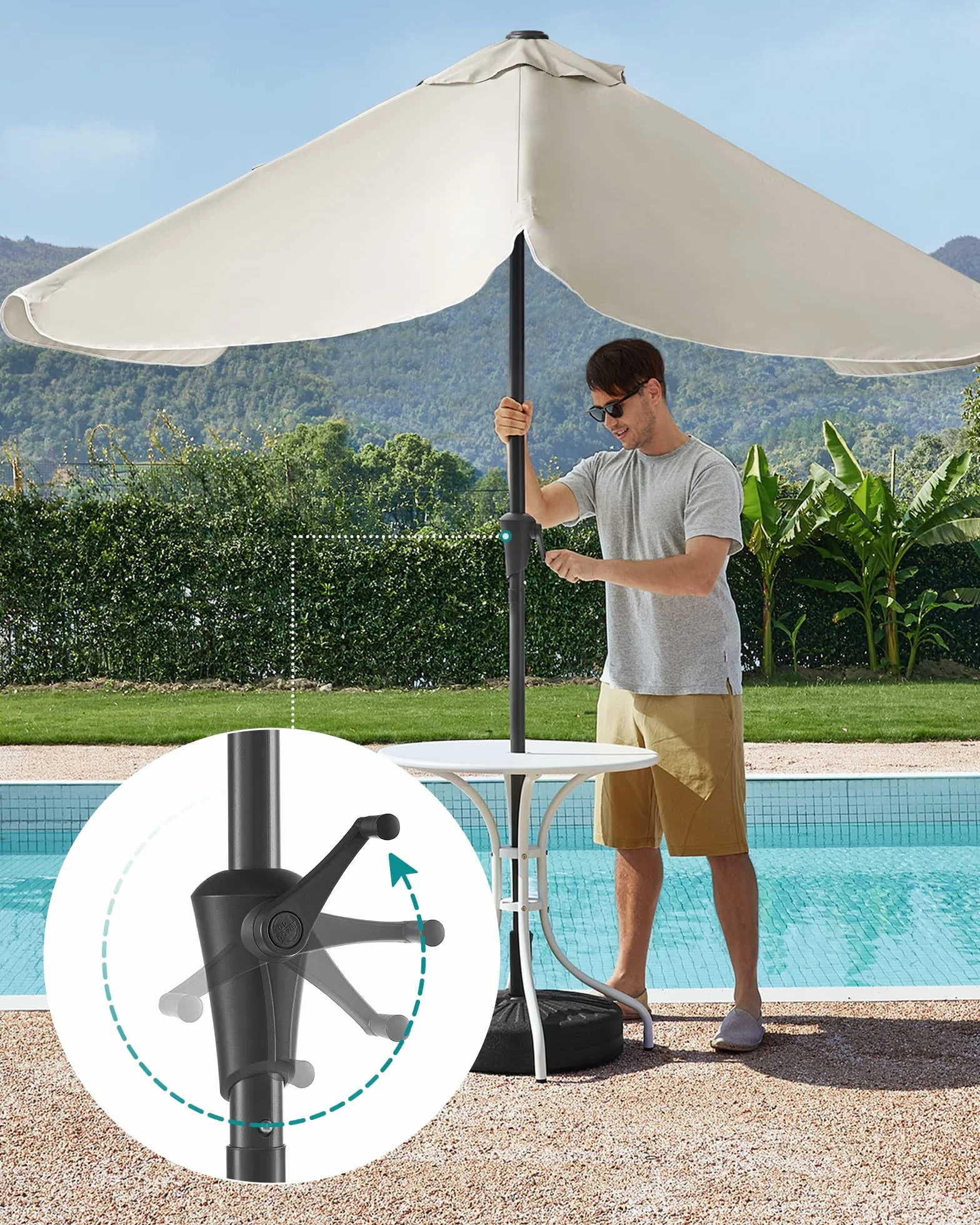 SONGMICS parasol 200 x 150 cm, prostokątny parasol balkonowy, ochrona przeciwsłoneczna UPF 50+, wygięty w obie strony o 30°, do ogrodu, na taras, bez stojaka, beżowy GPU048M01