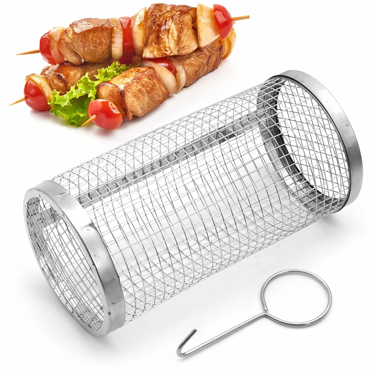 Kosz do grillowania ze stali nierdzewnej cylindryczny obrotowy z haczykiem