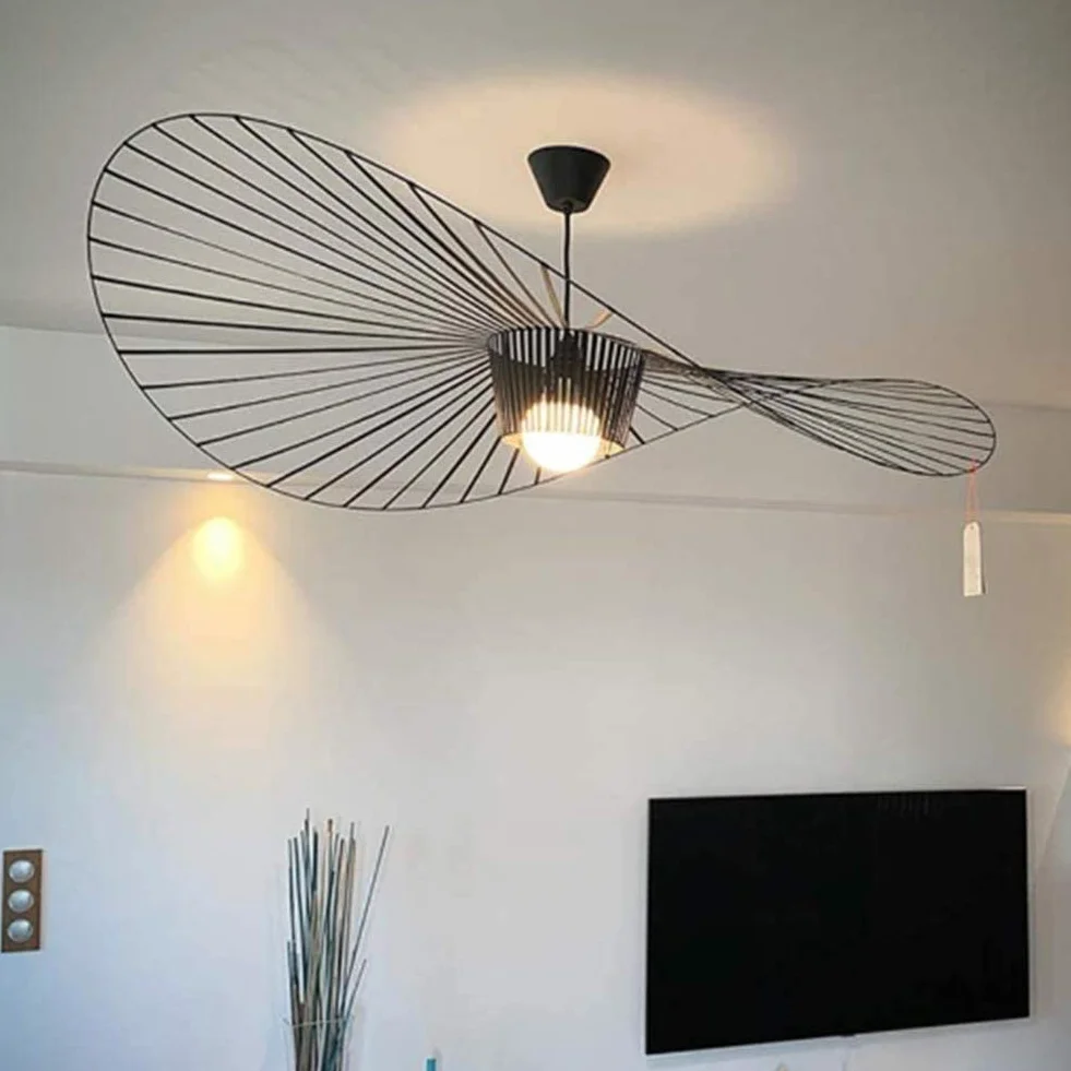 Msyyuu Vintage żyrandol lampa wisząca do salonu, prosta kreatywna lampa (regulowana wysokość światła), do salonu, paski z włókna szklanego, wzór kapelusza z kutego żelaza, E27, maks. 40 W, czarny, 120