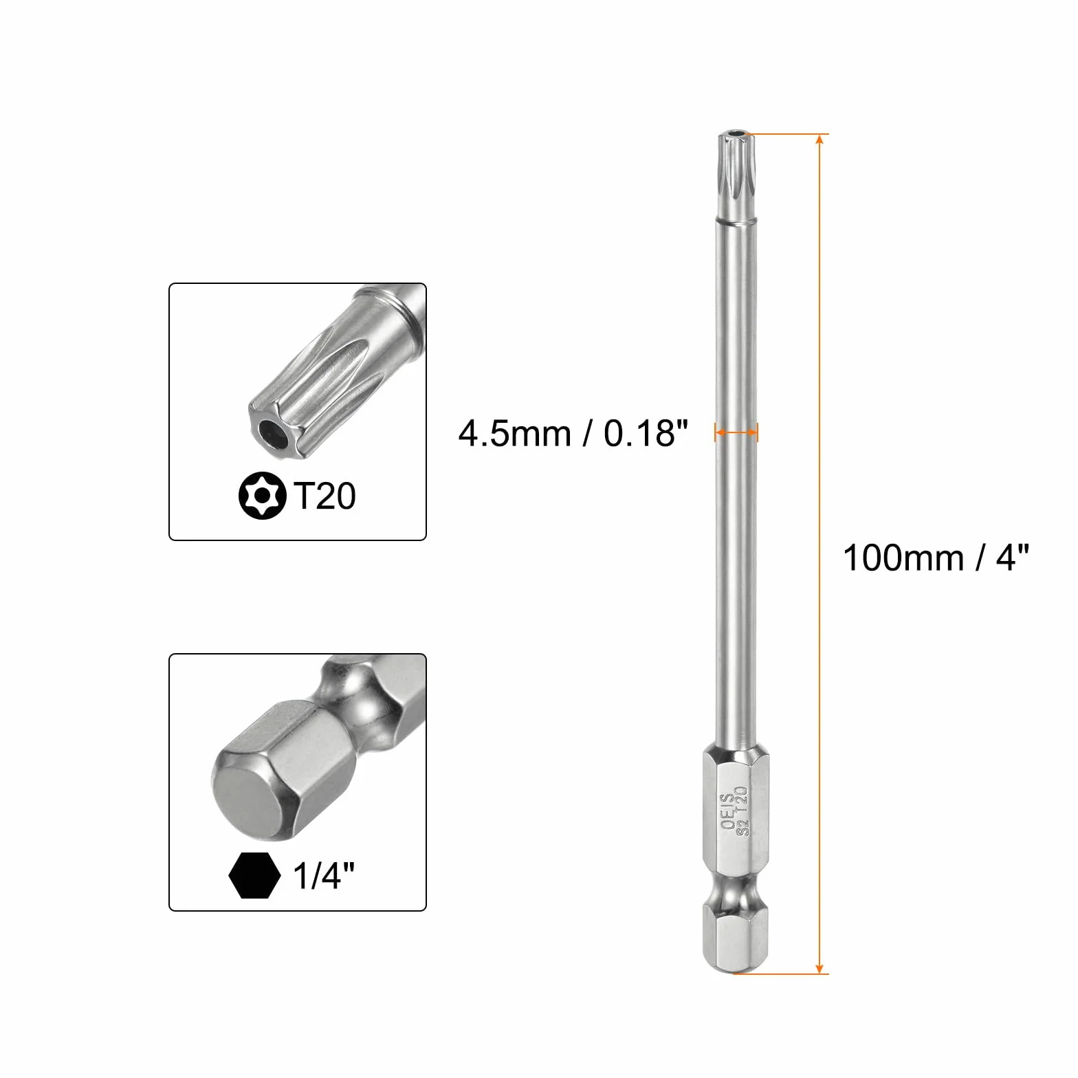 QUARKZMAN T20 Bezpieczeństwo Torx Bit 1/4" Sześciokątny 4" długi stalowy S2 Magnetyczny Przeciw manipulacji Star Bity Wkrętak Torx z otworem do usuwania śrub Mocowanie