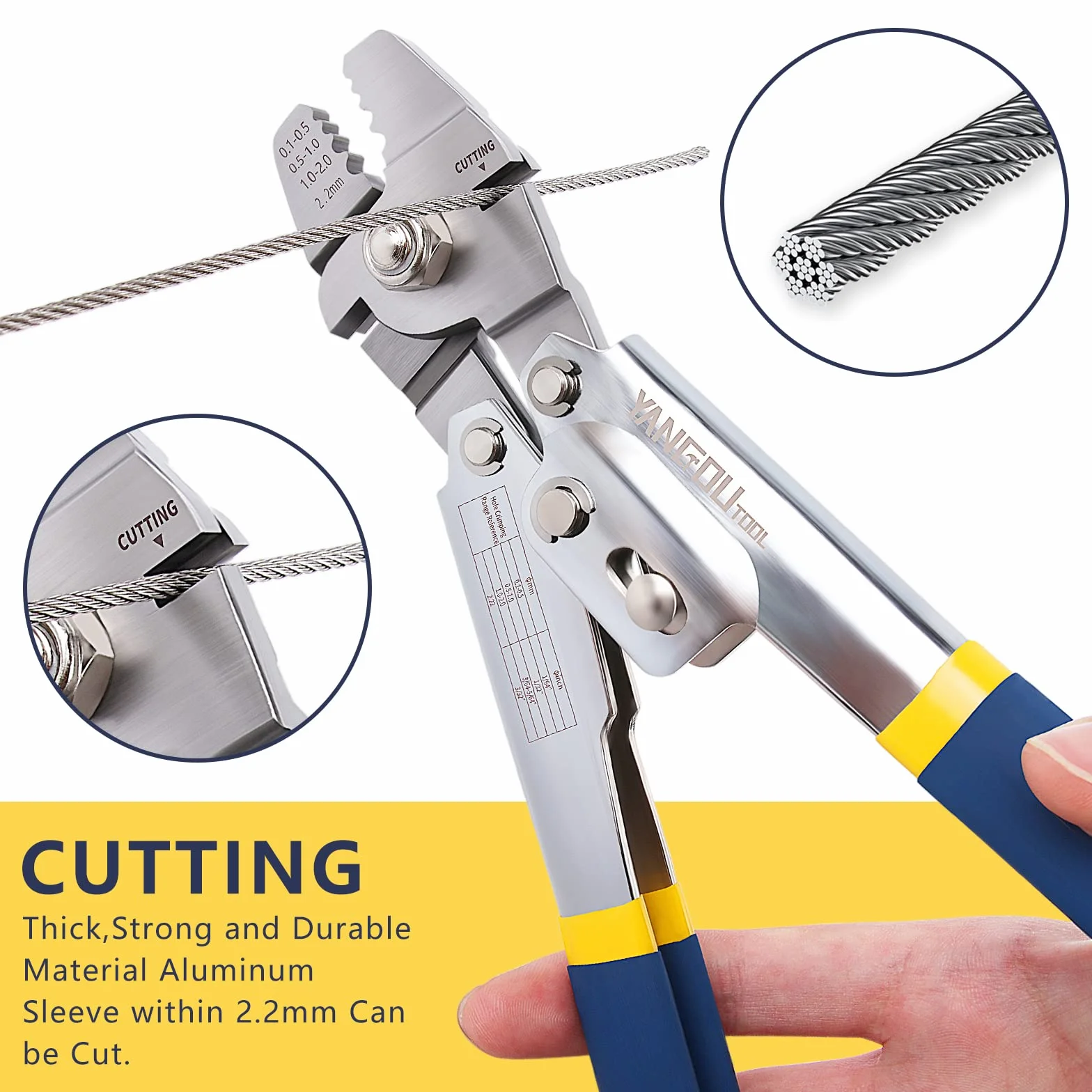 Yangoutool Zaciskarka do lin stalowych, narzędzie do zaciskania i cięcia lin stalowych: Wszechstronne zwijanie blachy 2 w 1, uchwyty 0,1 mm-2,2 mm aluminiowe owalne, podwójne tuleje zatrzymujące,