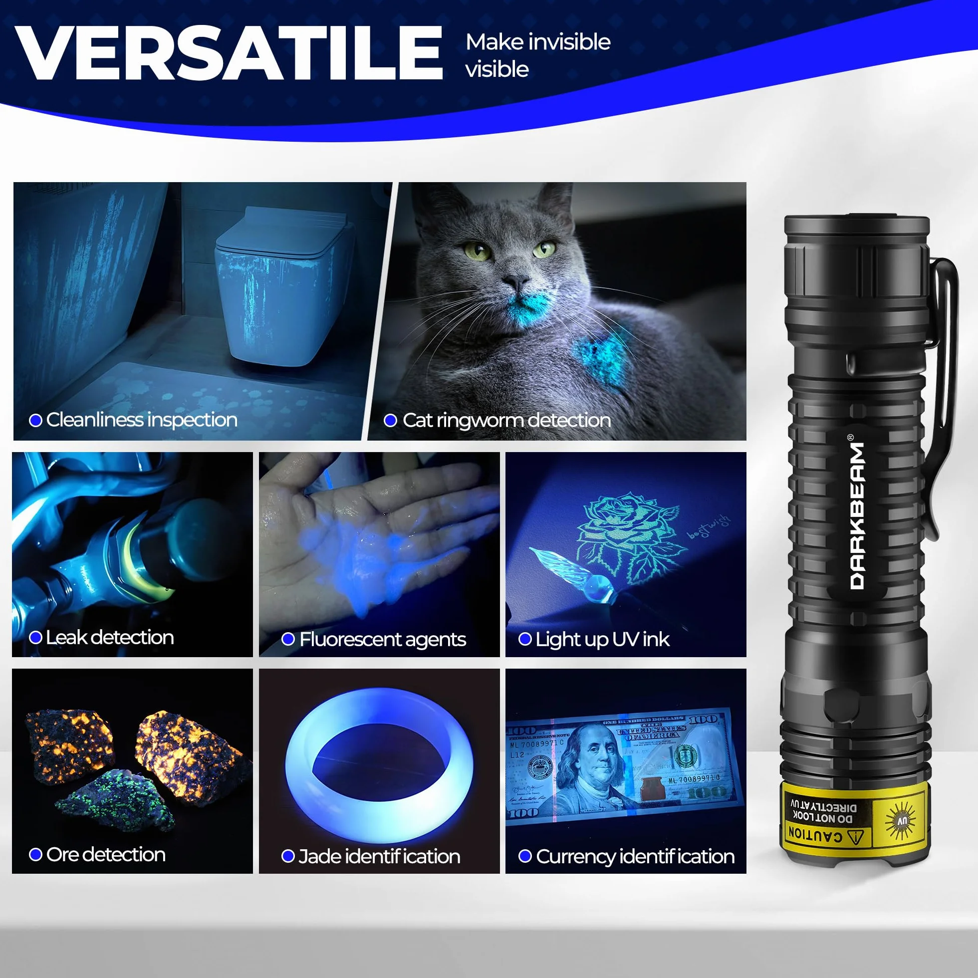 DARKBEAM Latarka UV 365nm Blacklight Czarne światło LED, Mini potężna Woodsche Lampa Latarki ultrafioletowe USB -C Akumulator Detektor moczu dla kota do szkła uranowego, Minerały, utwardzania żywicy