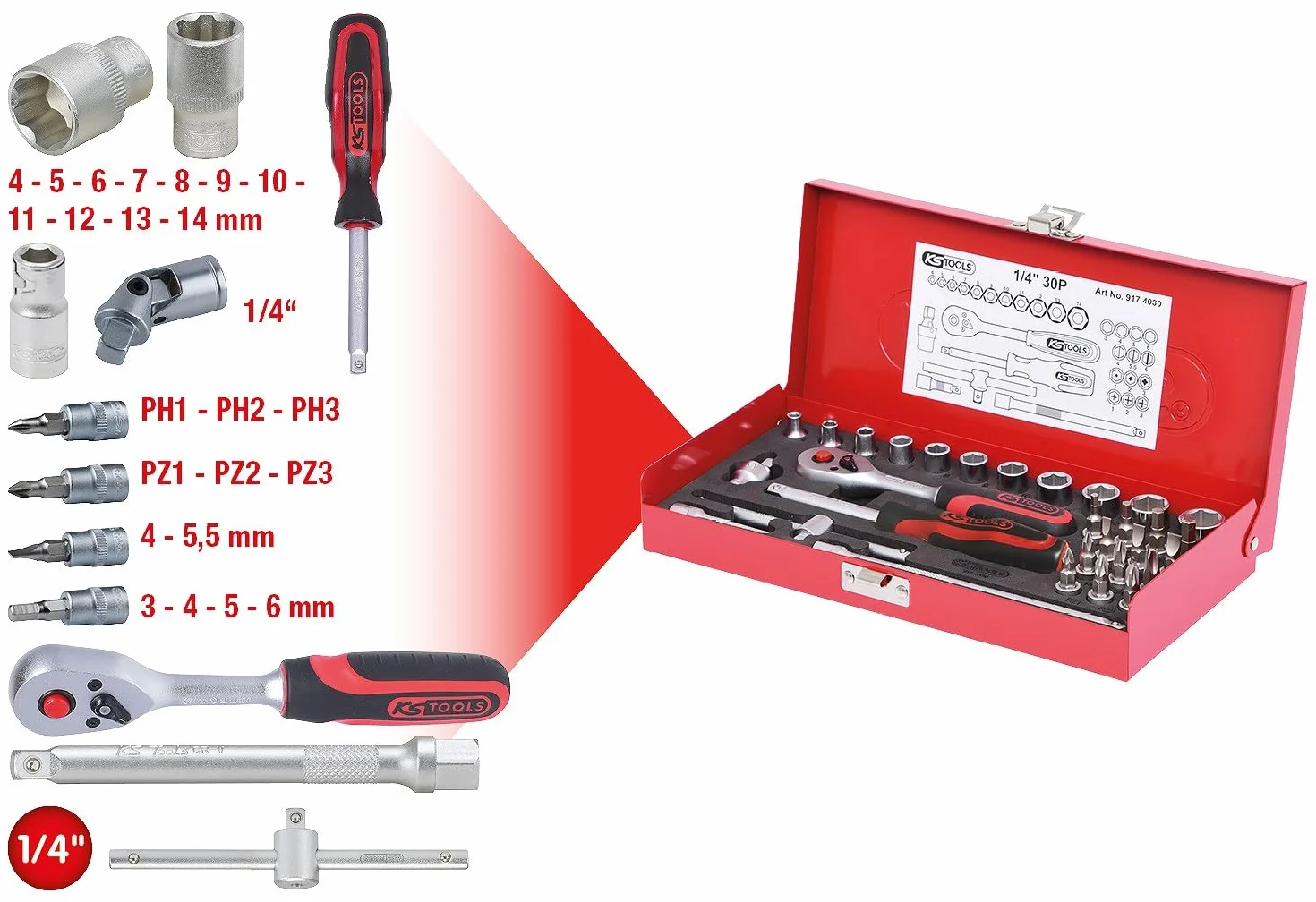 KS Tools 917.4030 Zestaw kluczy nasadowych, 30-szt 1/4"