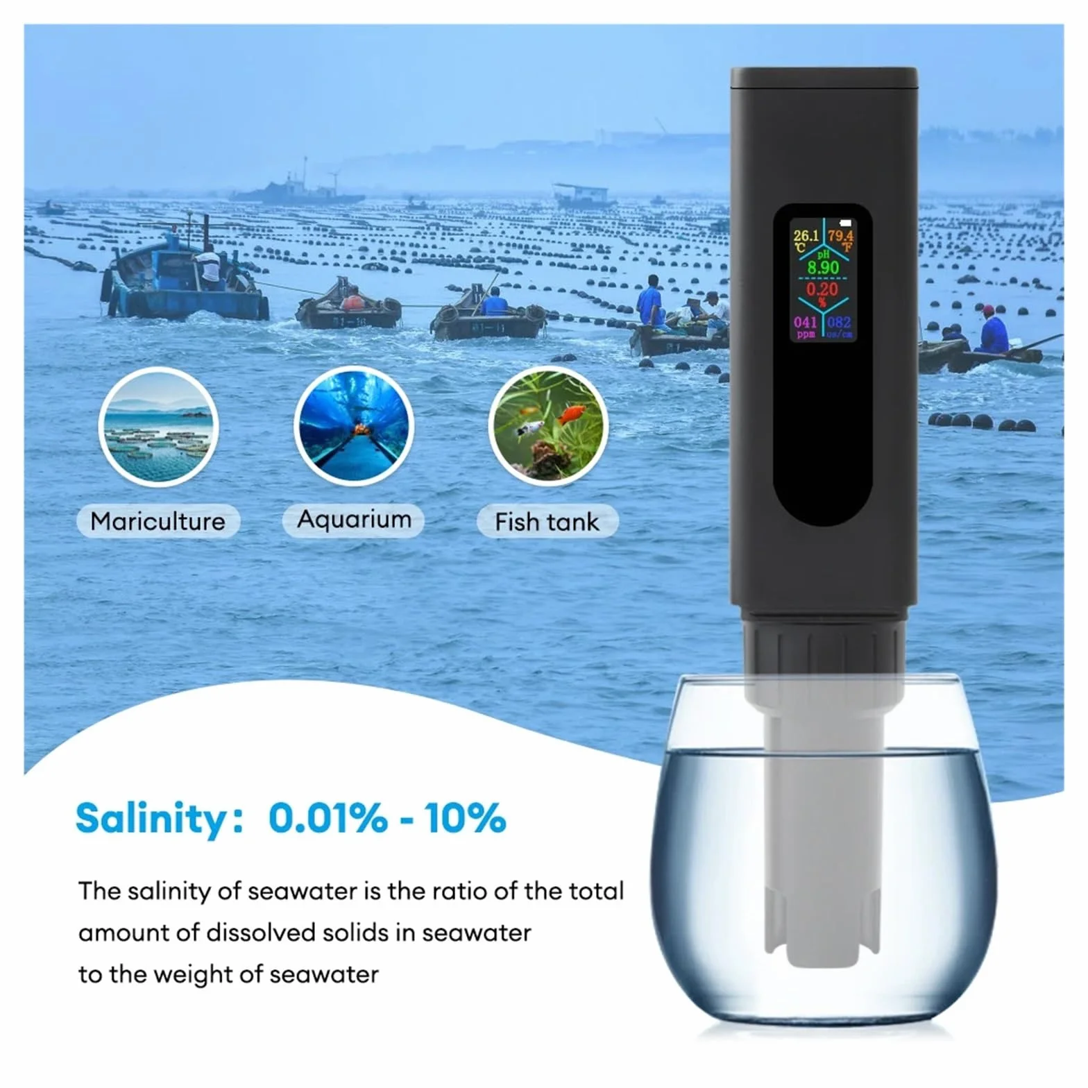 do wody pitnej, akwariów i nie tylko Rechargeable 5 in 1 Salinity/EC/TDS/PH Meter Digital Drinking Water Purity Quality Tester For Aquarium Hydroponics Typ/e-C Charge