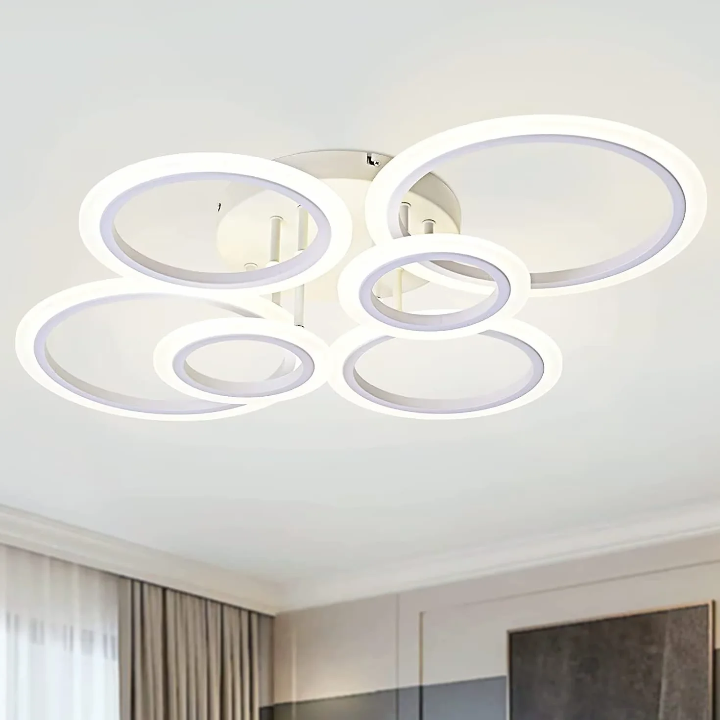 Nowoczesna lampa sufitowa LED 6-pierścieniowa lampa sufitowa 72W 6400LM, odpowiednia do salonu, sypialni, kuchni, lampy sufitowej w jadalni, 3000-6500K