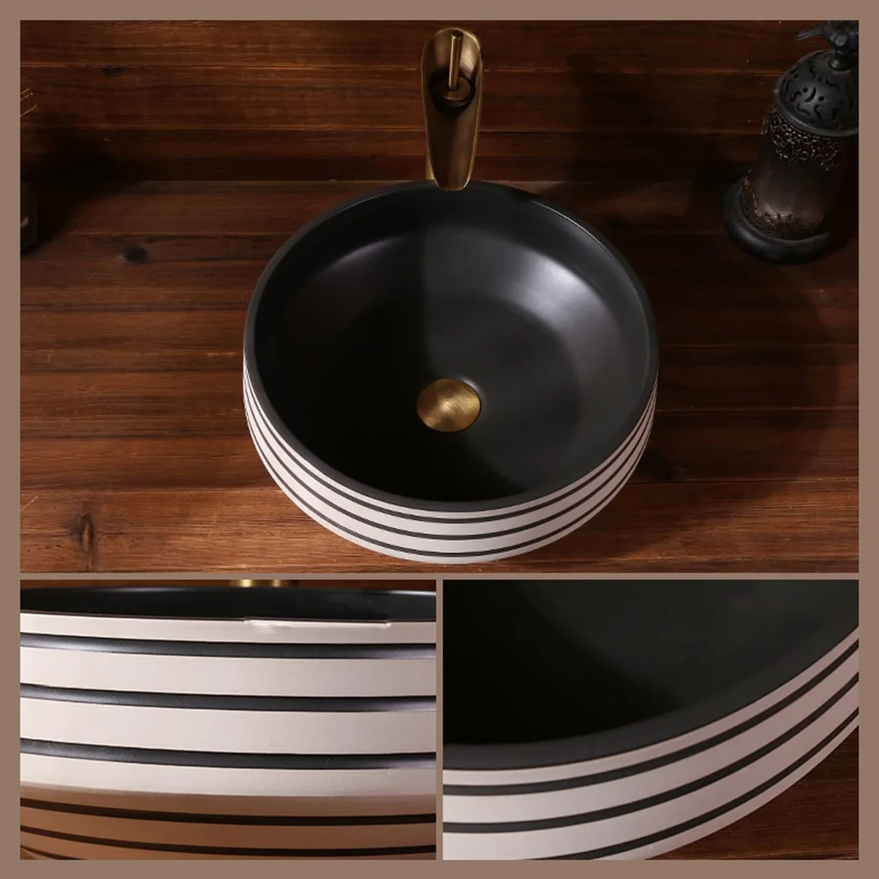 Porcelanowa Umywalka Nablatowa, Okrągła Artystyczna Umywalka Łazienkowa, Czarno-Biała Umywalka Ceramiczna Nablatowa