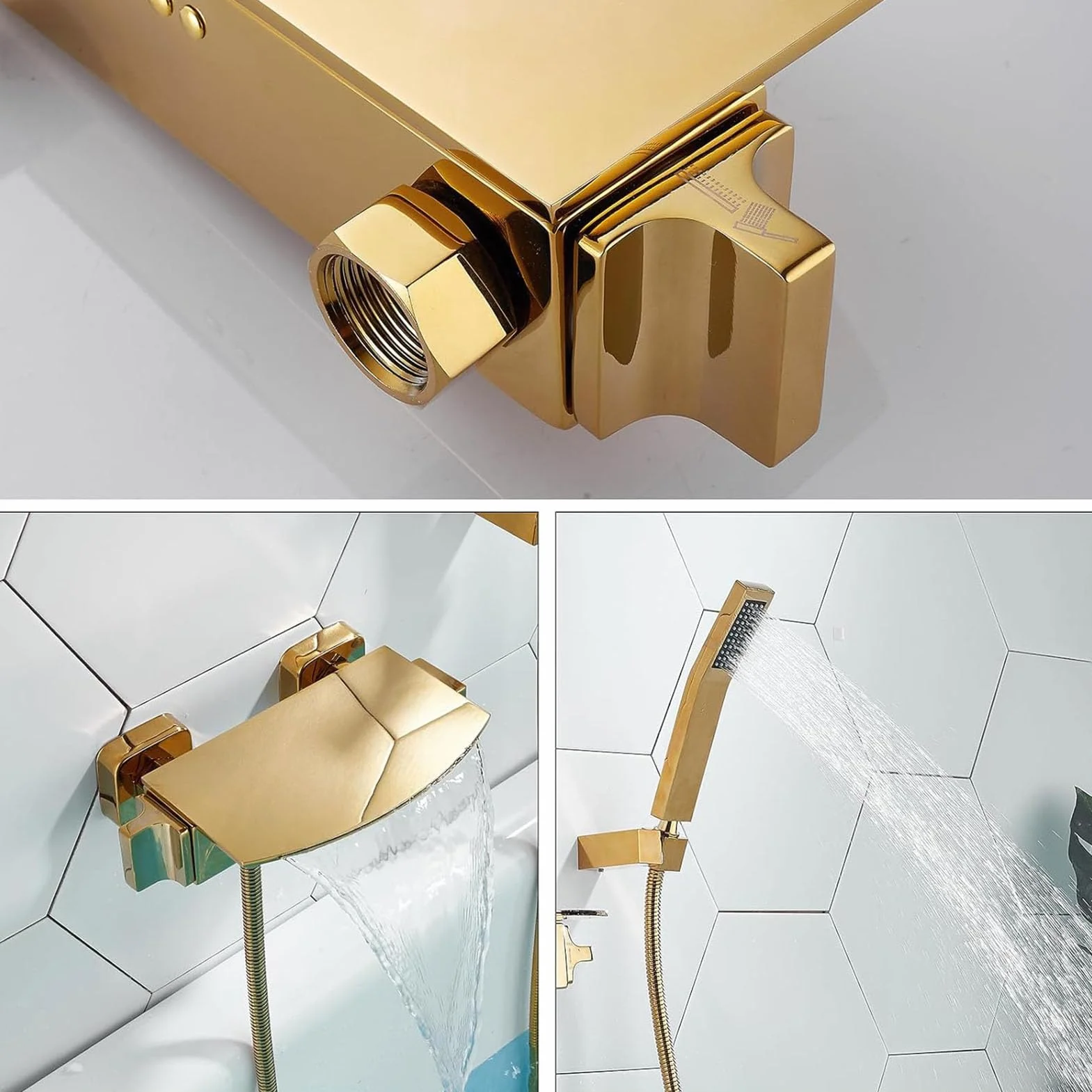 Bateria wannowa z główką prysznicową, bateria wannowa z wodospadem, bateria wannowa, bateria wannowa ścienna, nowoczesny zestaw baterii do wanny łazienkowej,Gold
