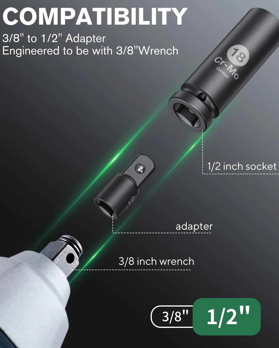 Ginour 17-częściowy zestaw nasadek udarowych 1/2 cala 10-32 mm CR-Mo | Sześciokątna nakrętka z adapterem 3/8" na 1/2" do pneumatycznych wkrętarek udarowych, elektrycznych wkrętarek udarowych