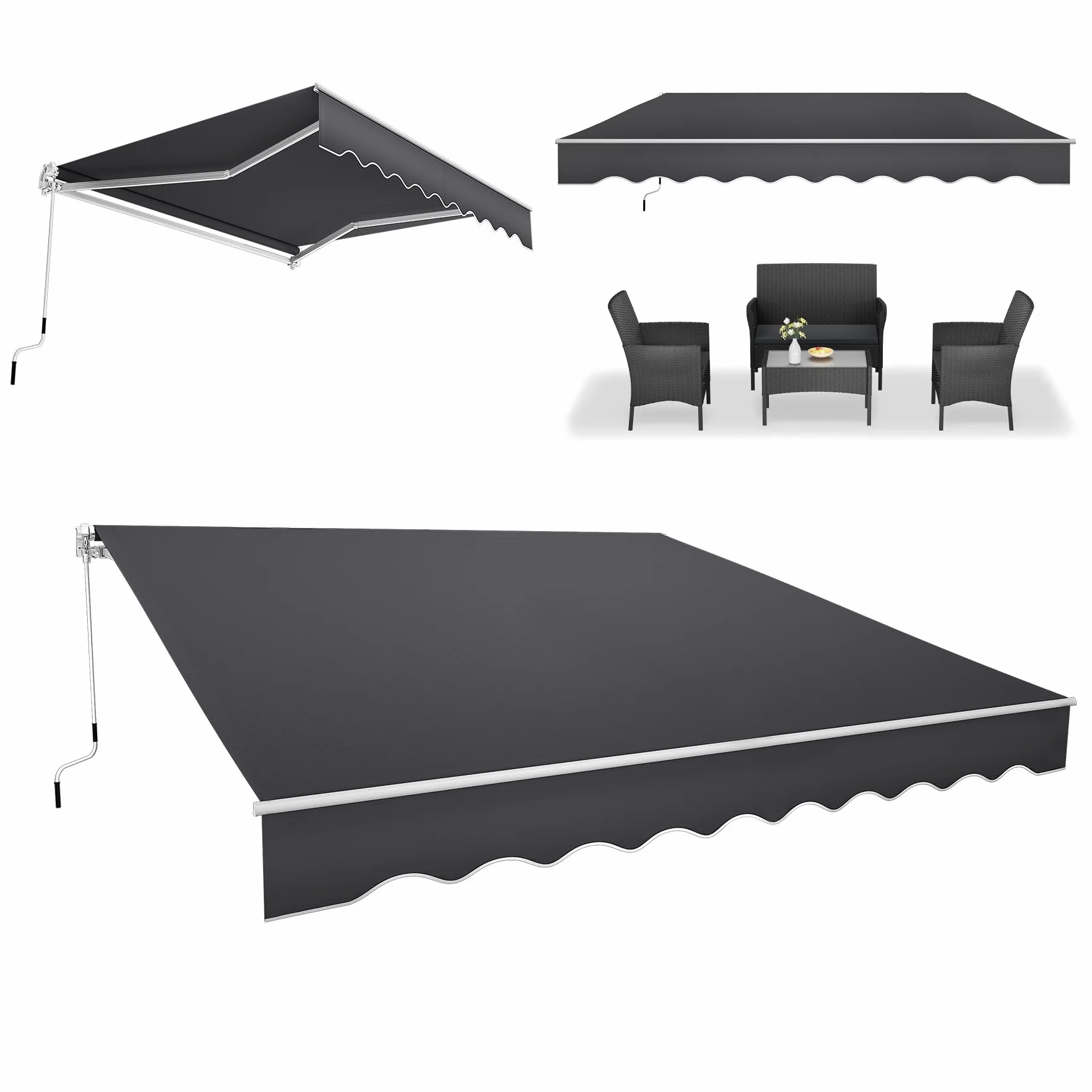 ACXIN Aluminiowa markiza przeciwsłoneczna, osłona ramienia przegubowego, markiza kasetowa, markiza balkonowa z korbą ręczną, wodoszczelna, ciemnoszara (3,6 m x 3 m)