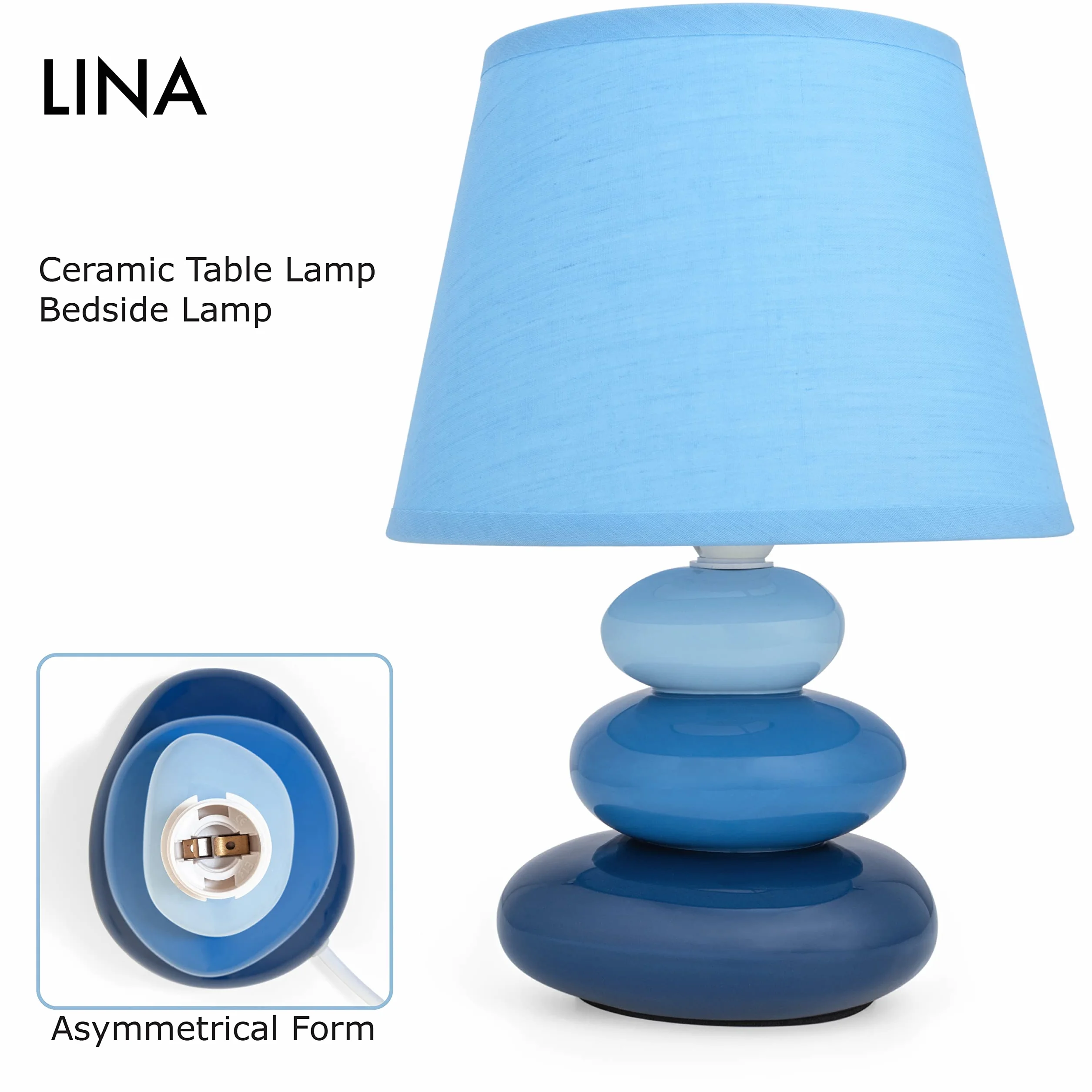 Lampka nocna "Lina" (niebieska) lampa stołowa ceramiczna lampa stołowa z abażurem z materiału, nadaje się do LED, E14 230 V, ceramika, lampa stołowa, lampka nocna, lampa okienna, lampa na sofę, lampy
