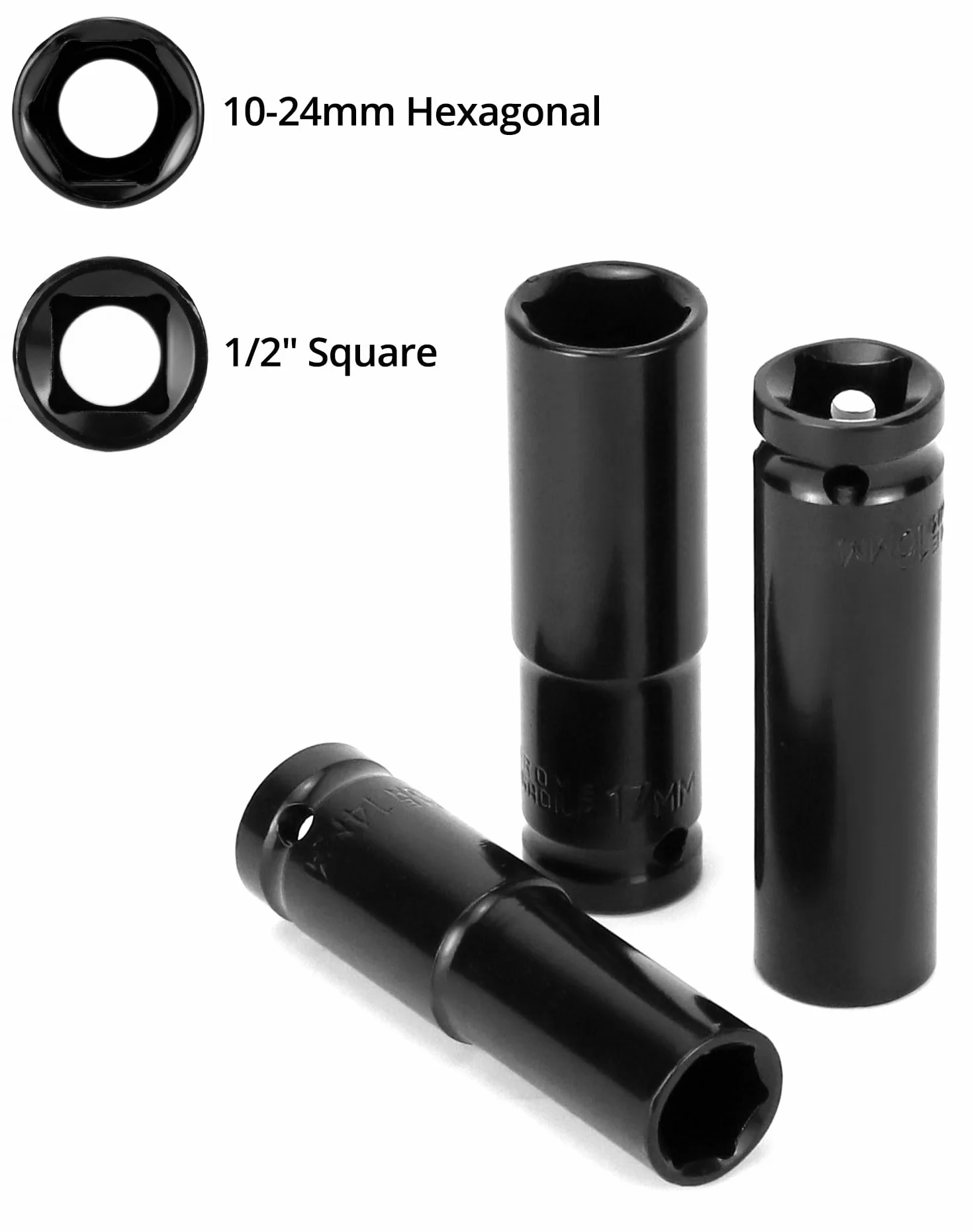 QWORK® 11-częściowy zestaw nasadek udarowych 1/2 cala z adapterem klucza nasadowego 1/4 cala, zestaw długich nasadek metryczny napęd zestaw narzędzi 10-24 mm do wiertarek elektrycznych i