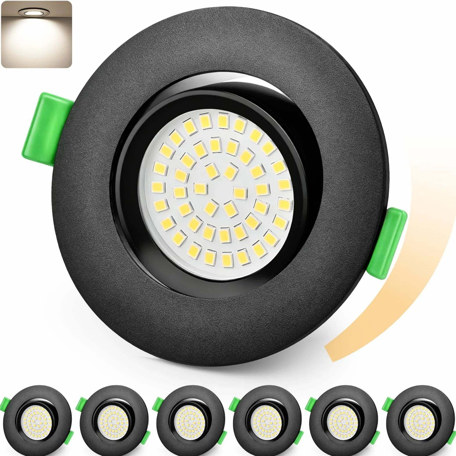 KYOTECH reflektory LED wpuszczane z możliwością ściemniania 68–80 mm 5W IP44, ultracienkie, neutralna biel 4000K, wodoszczelne rotacyjne o 45° reflektory sufitowe do łazienki, czarne, zestaw 6 sztuk