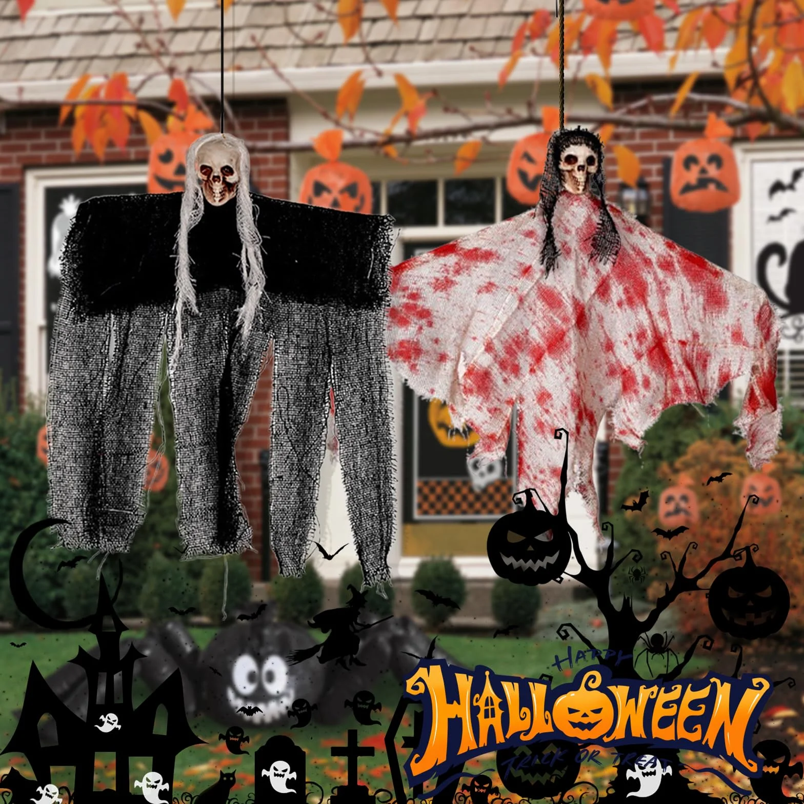 Wiszące dekoracje na Halloween, duch, latający duch do dekoracji nawiedzonego domu, do wewnątrz, na zewnątrz, podwórko, ogród, dekoracje imprezowe na Halloween, 2 szt