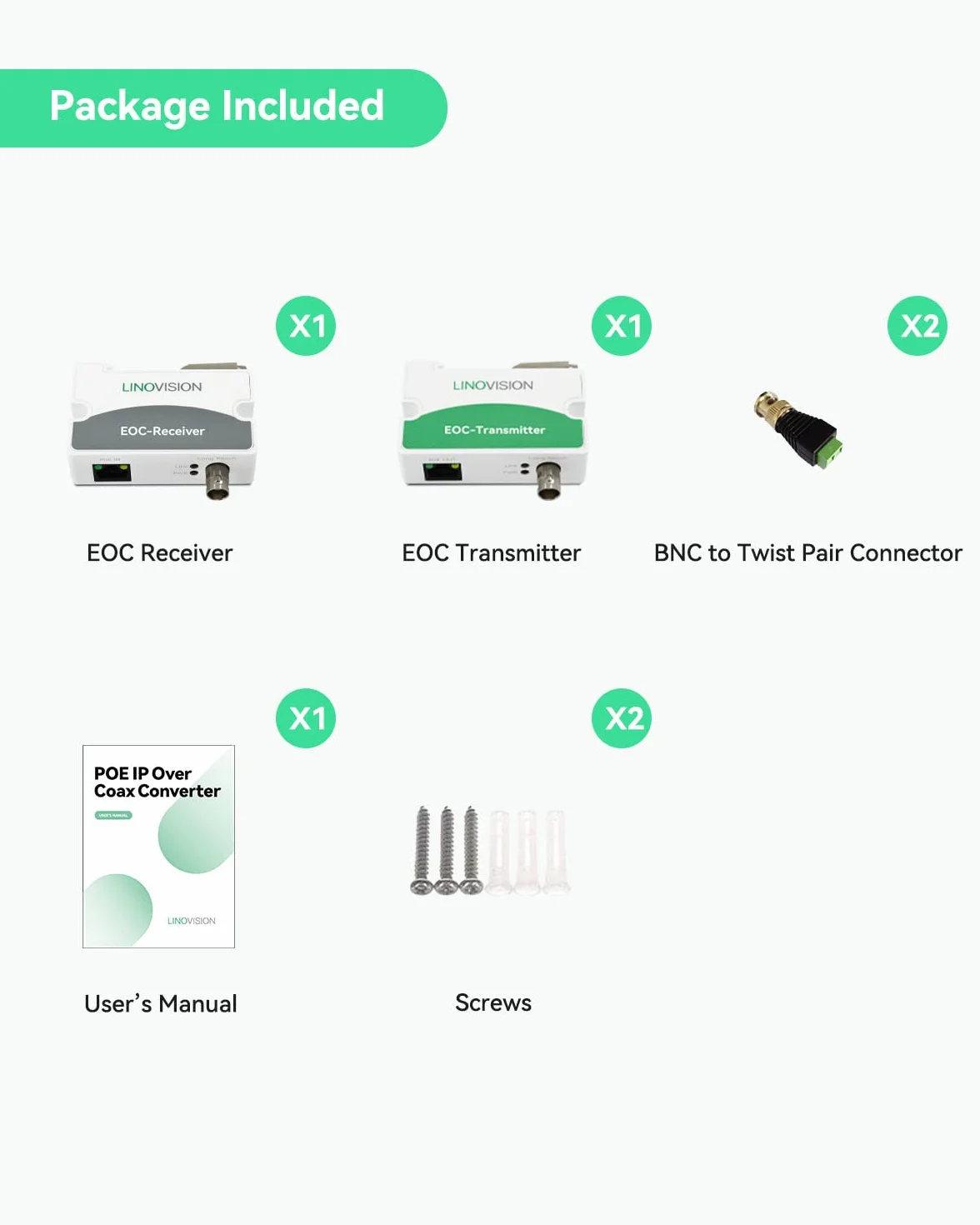 LINOVISION POE Over Coax EOC Converter IP Over Coax Max 1000 m Transmisja zasilania i danych przez zwykły kabel koncentryczny RG59 do modernizacji analogowego systemu nadzoru do systemu nadzoru IP