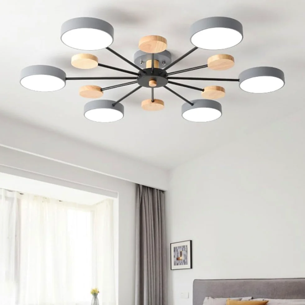 Lampa sufitowa Sputnik w nowoczesnym stylu z połowy wieku, 3 światła, biała, zielona i szara, drewniana lampa sufitowa inspirowana nordyckim stylem wiejskim. Okrągłe oświetlenie do sypialni