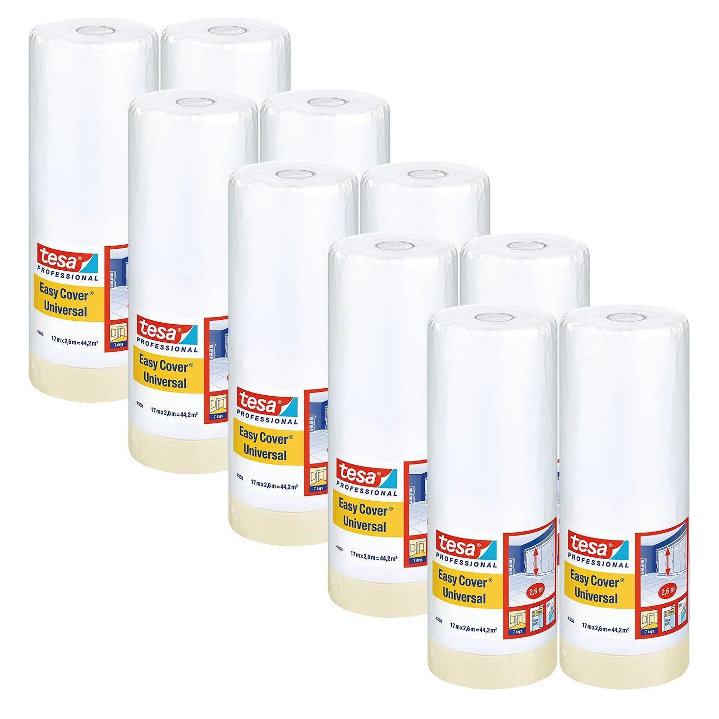 tesa Easy Cover 4368 Universal – 10 sztuk – folia malarska z taśmą malarską do przyklejania i przykrywania podczas prac malarskich w pomieszczeniach, druk 2 w 1 z folią – jasnobeżowy, matowy – 17 m x