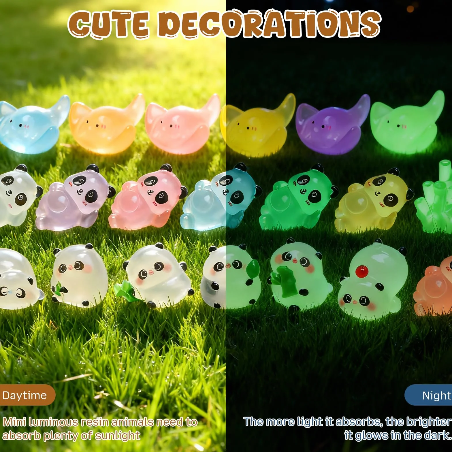 Mini zwierzęta z żywicy, 20 sztuk, zabawne mieszane małe zwierzęta z żywicy, urocze, świecące w ciemności, Manta, Ray, Panda, małe figurki, ornamenty do ogrodu wróżek, domku dla lalek, akwarium