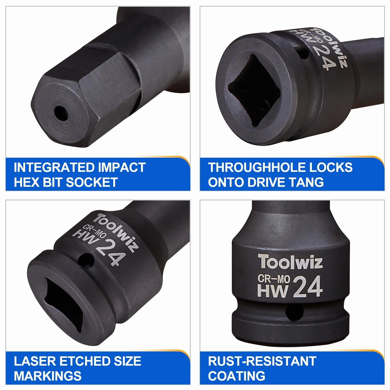 Toolwiz Zestaw bitów sześciokątnych 3/4", metryczny 14-24 mm, stal chromowo-molibdenowa, jednoczęściowa konstrukcja, profesjonalny zestaw kluczy nasadowych do wkrętarki udarowej