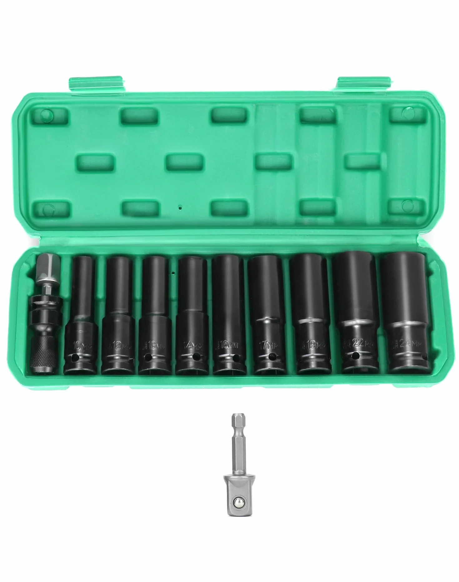 QWORK® 11-częściowy zestaw nasadek udarowych 1/2 cala z adapterem klucza nasadowego 1/4 cala, zestaw długich nasadek metryczny napęd zestaw narzędzi 10-24 mm do wiertarek elektrycznych i
