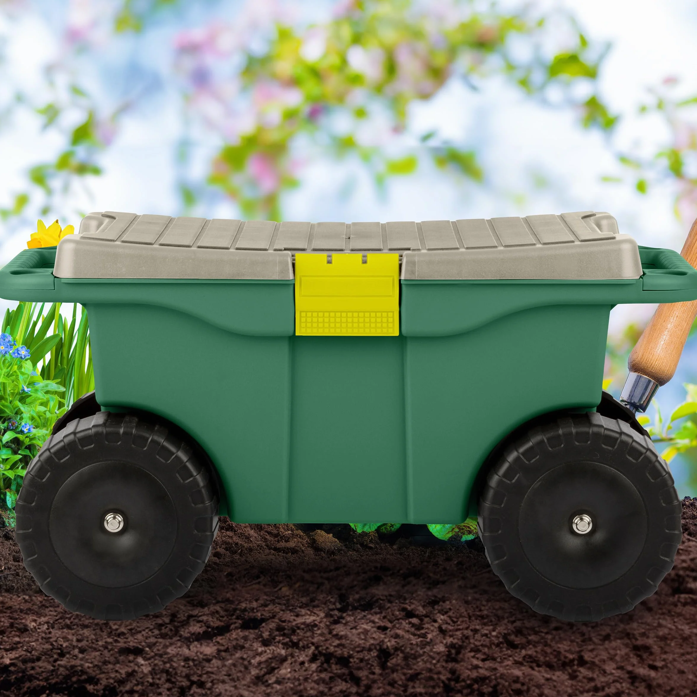 Wózek ogrodowy na kółkach z siedziskiem, plastikowy schowek z ławką i wewnętrzną tacą na narzędzia, stołek ogrodniczy do pielenia i sadzenia od Pure Garden (zielony)