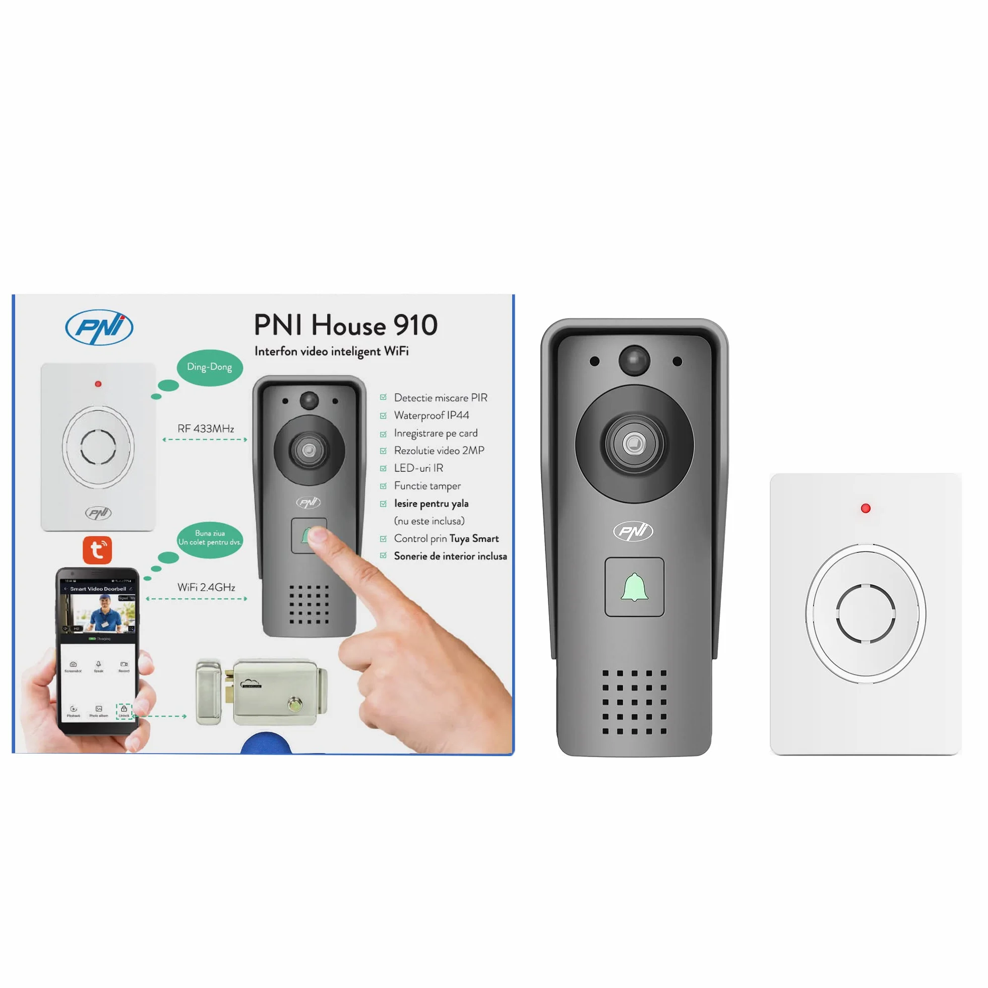 Inteligentny wideodomofon PNI House 910 WiFi HD, P2P, sterowanie elektryczne, inteligentny z innymi produktami kompatybilnymi z Tuya