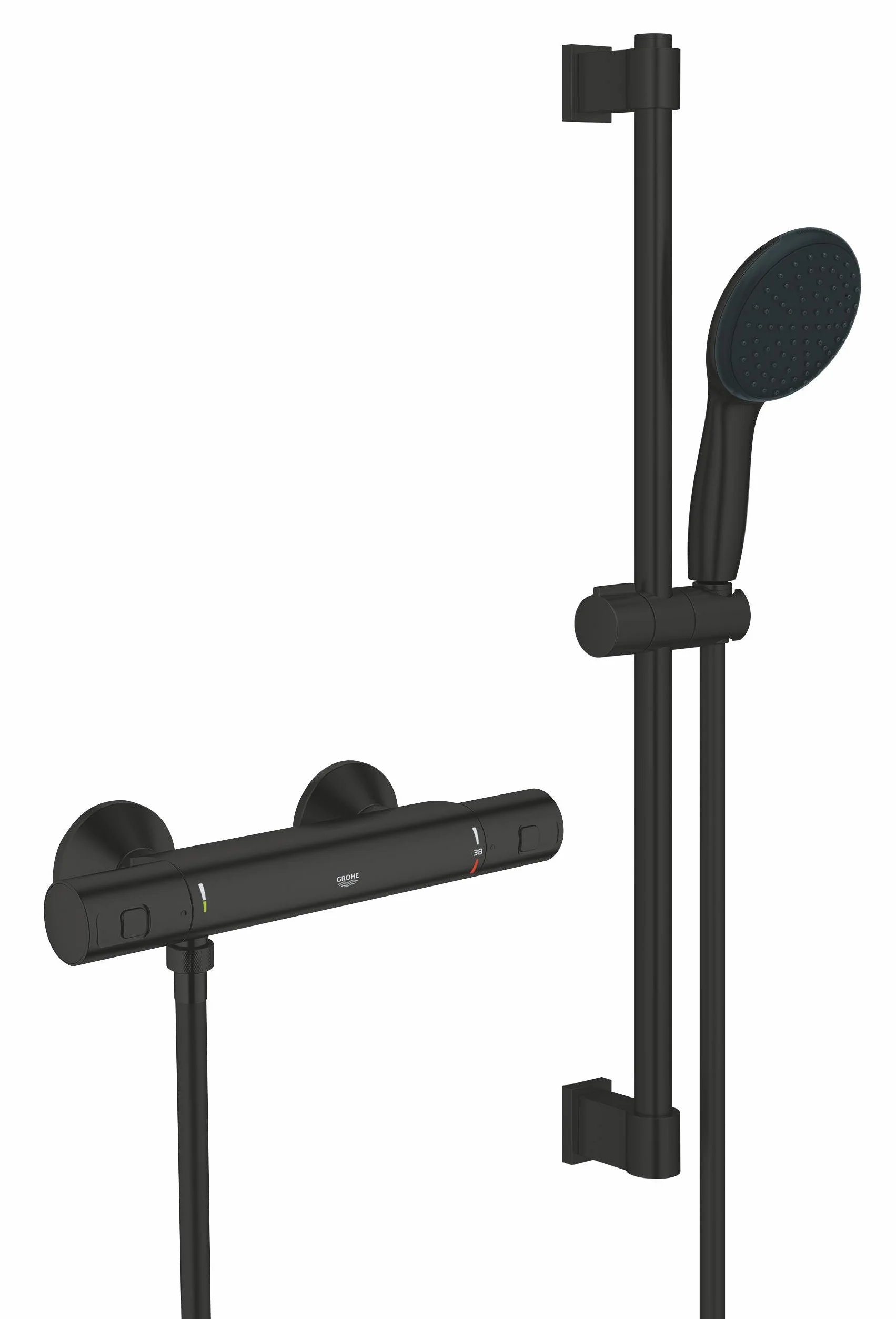 GROHE Precision Start 345972431 termostat oszczędzający wodę ~9 l/min (1 rodzaj strumienia, blokada bezpieczeństwa w temperaturze 38°C, drążek prysznicowy 60 cm, wąż prysznicowy 175 cm), okrągły,