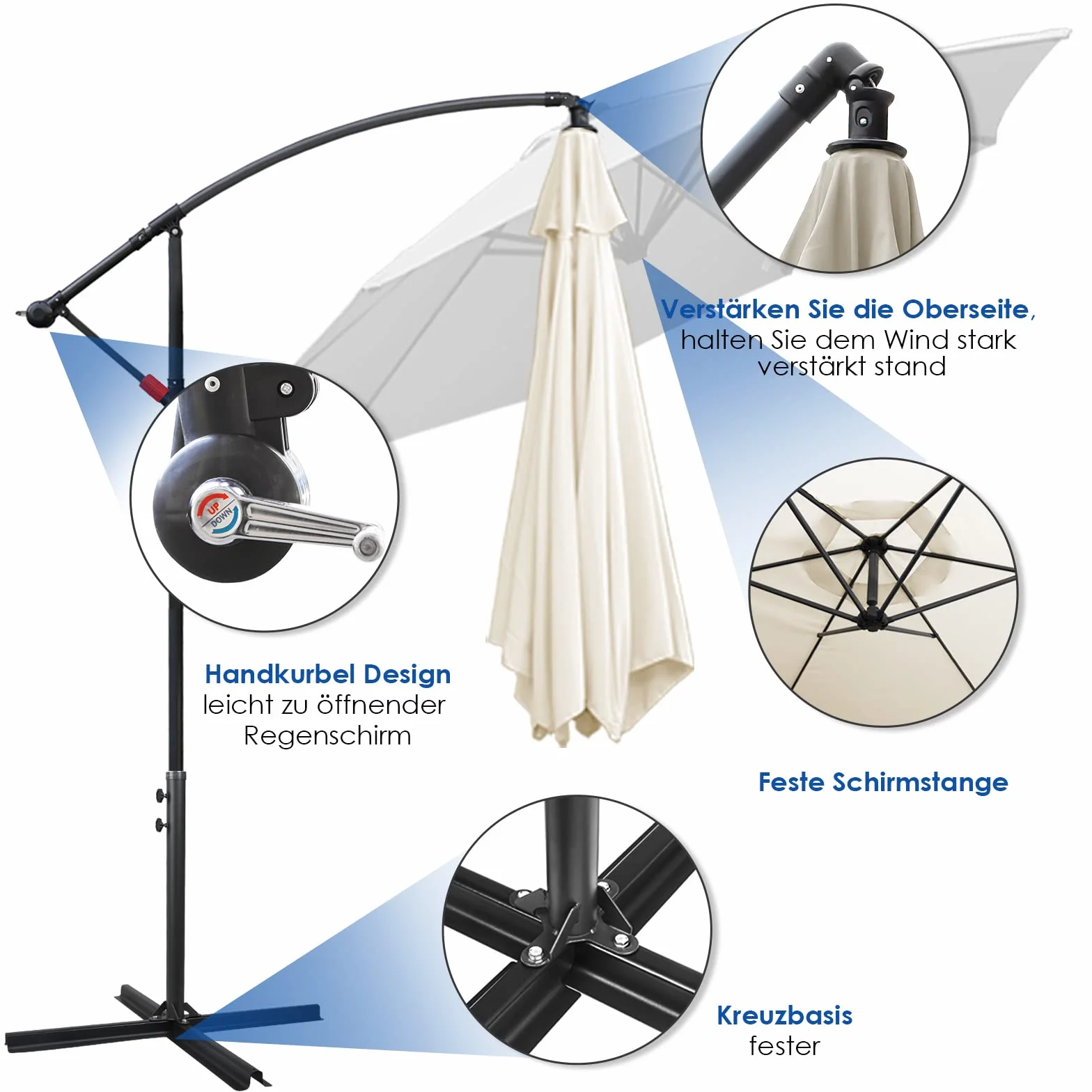 Fiqops Solarny parasol przeciwsłoneczny LED, Ø 350 cm, z korbą, aluminiowy parasol ze stojakiem, ochrona przed promieniowaniem UV, aluminium, na korbę, do ogrodu