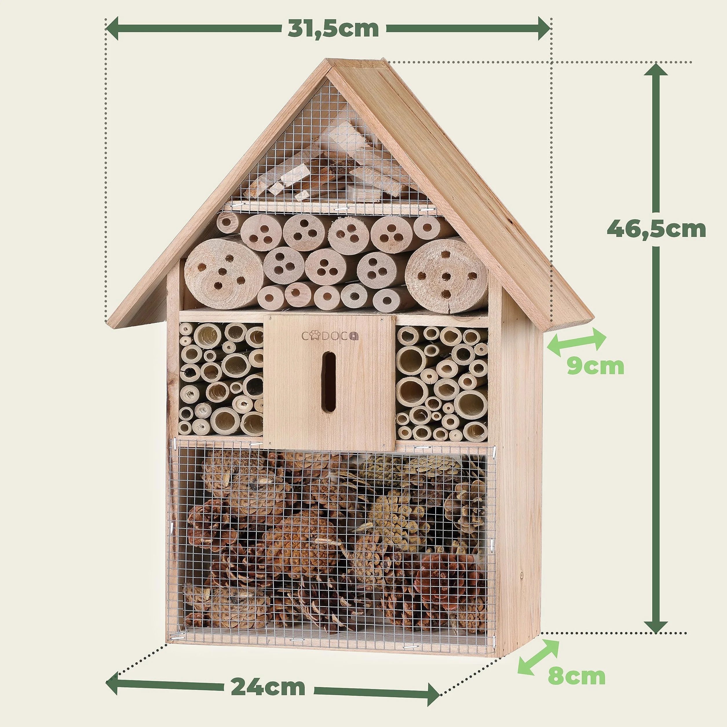 Cadoca XXL naturalny drewniany hotel dla owadów 48x31x10 cm domek letniskowy schronisko dla pszczół biedronki motyl lęgowy