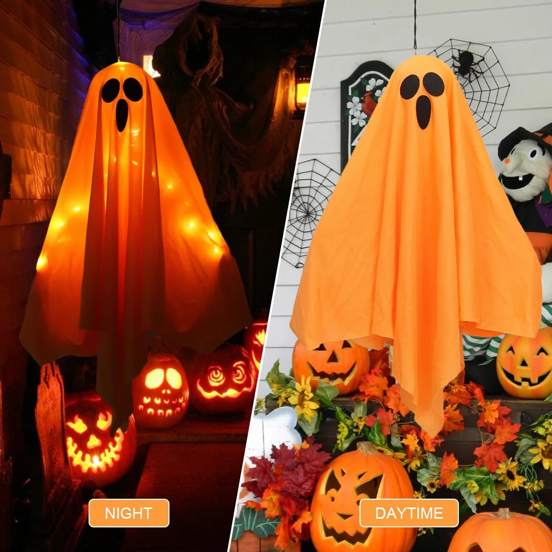 Dekoracja na Halloween, 3-częściowy wiszący duch z oświetleniem, dekoracja w kształcie chorągiewki LED (pomarańczowe światło), do ogrodu na Halloween, wewnątrz i na zewnątrz
