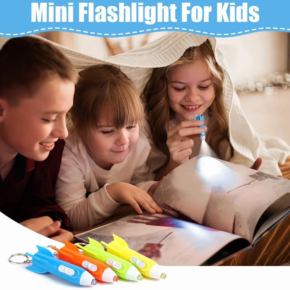 Flintronic 28 sztuk mini latarka, 4 kolory mini latarka LED, rakiety breloki latarki, latarki dla dzieci do aktywności na świeżym powietrzu, na kemping, wędrówki