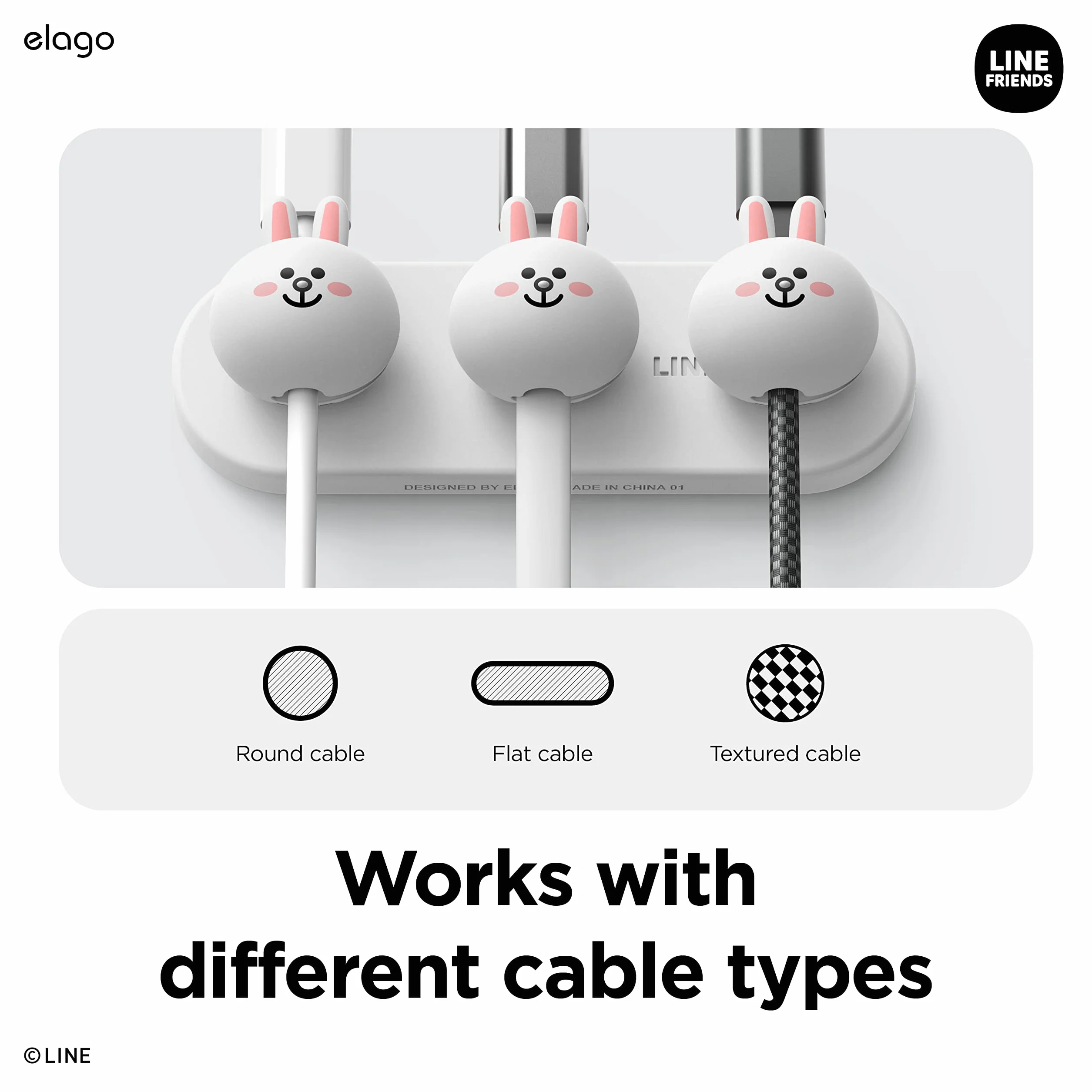elago LINE Friends magnetyczne przypinki do porządkowania kabli, z miejscem na 3 kable, mocne magnesy, przylepne, wielokrotnego użytku, na biurko, Cony