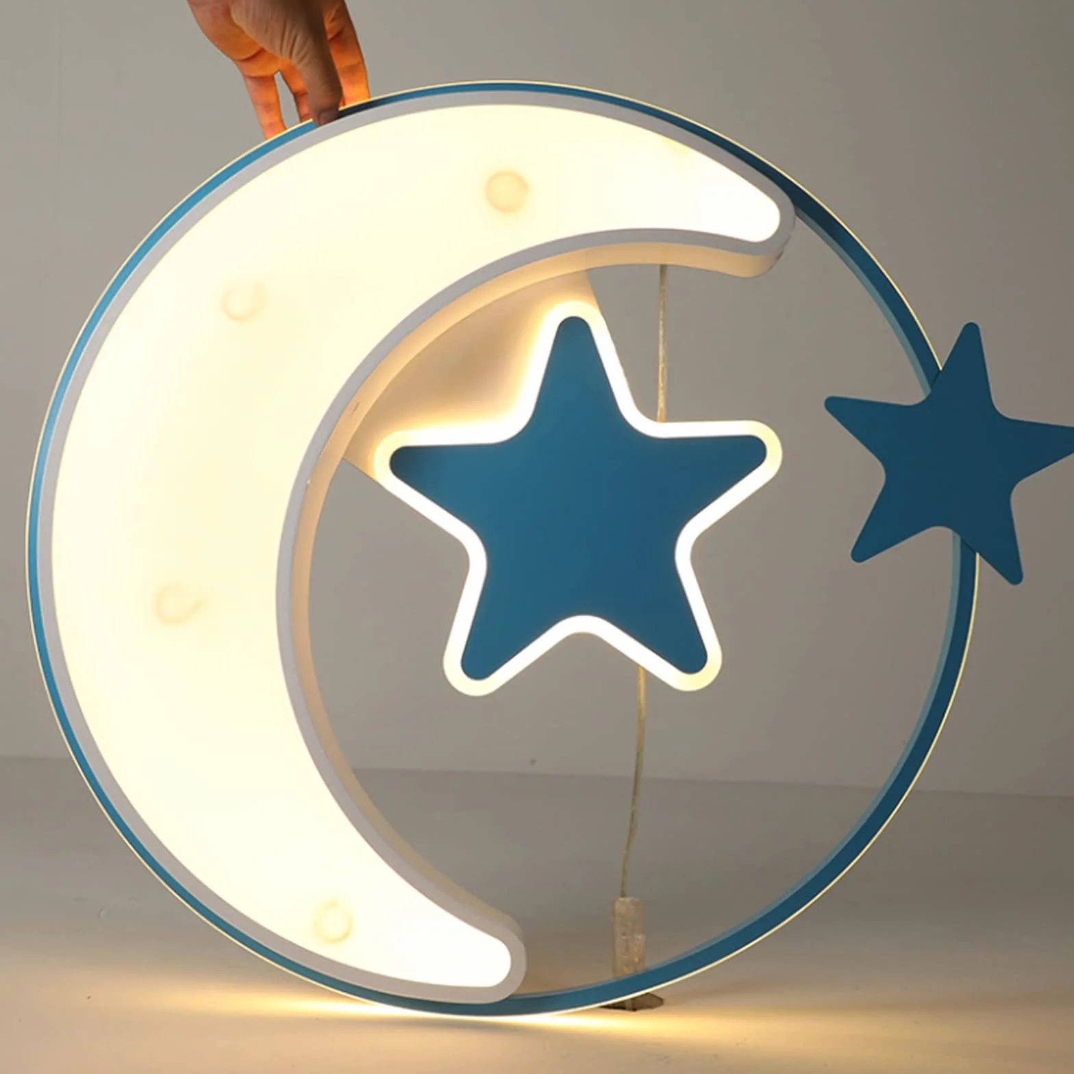 LED sufitowa gwiazda i księżyc, nowoczesna, kreatywna, okrągła z ściemnianiem, pilot zdalny, oświetlenie dla dzieci, do pokoju, sypialni, salonu, dekoracja sufitowa, niebieska, 45 cm