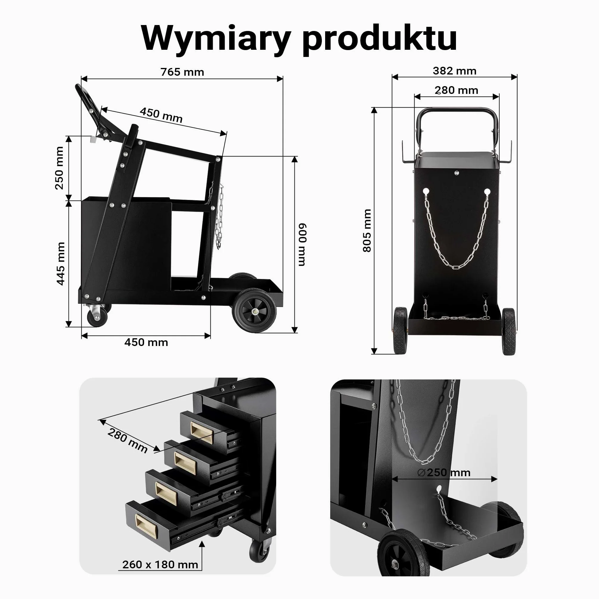 Wiltec Wózek spawalniczy na spawarkę i butlę gazową z 4 szufladami, nośność do 100 kg, ze stali, wytrzymały mobilny na akcesoria spawalnicze