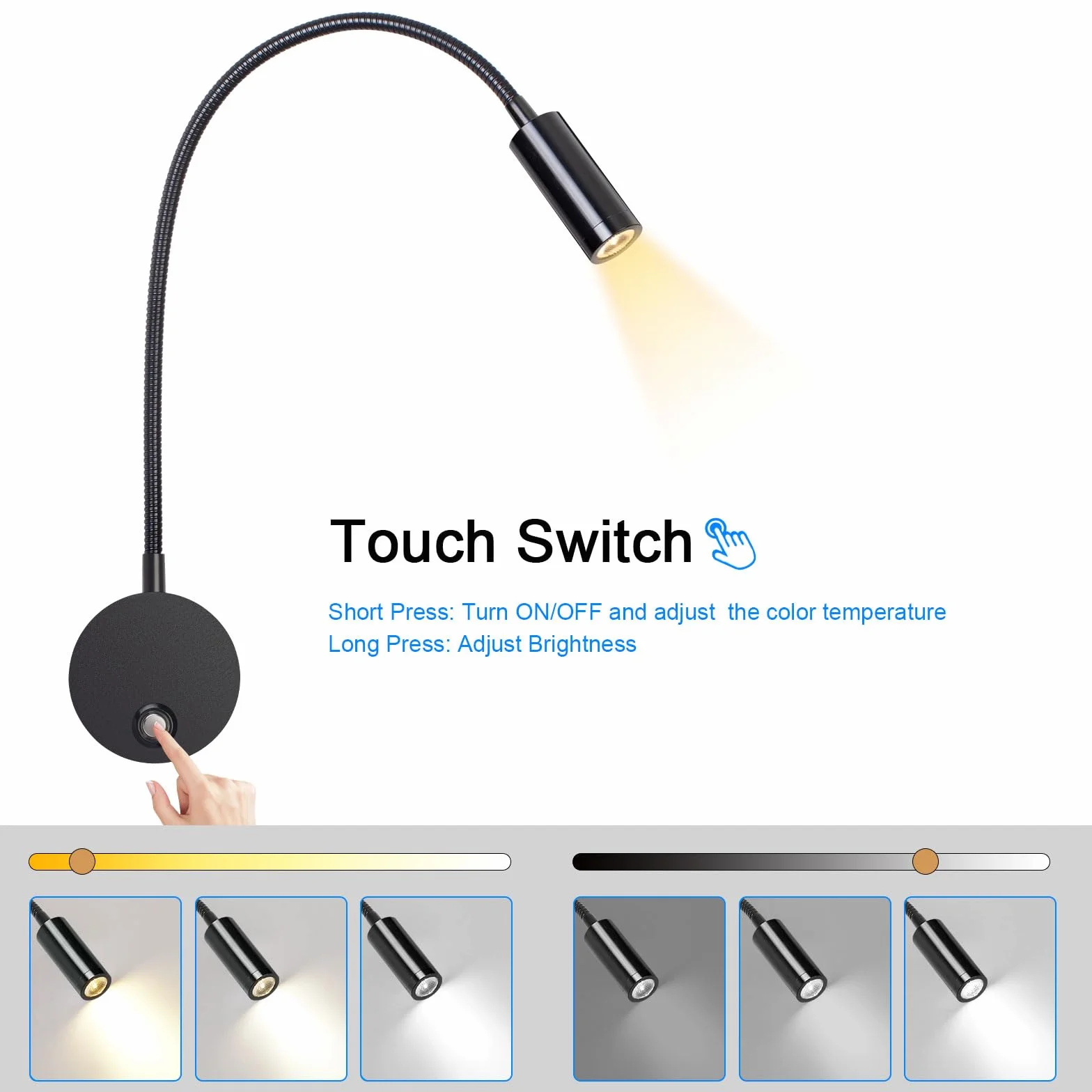 ERWEY 2 sztuki lampy do czytania, lampa ścienna LED, dotykowa, ściemniana, 3 tryby temperatury barwowej, lampa do łóżka z przyłączem USB do ładowania, do sypialni, czarna