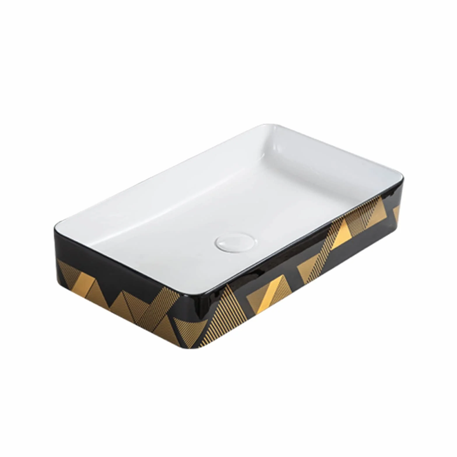 Zlewozmywak nablatowy nablatowy, zlew łazienkowy, ceramiczny zlew porcelanowy prostokątny czarny zlew na naczynia ze złotymi liniami dekorującymi wygląd zewnętrzny, L 60 cm x szer. 33,8 cm x wys. 10,9