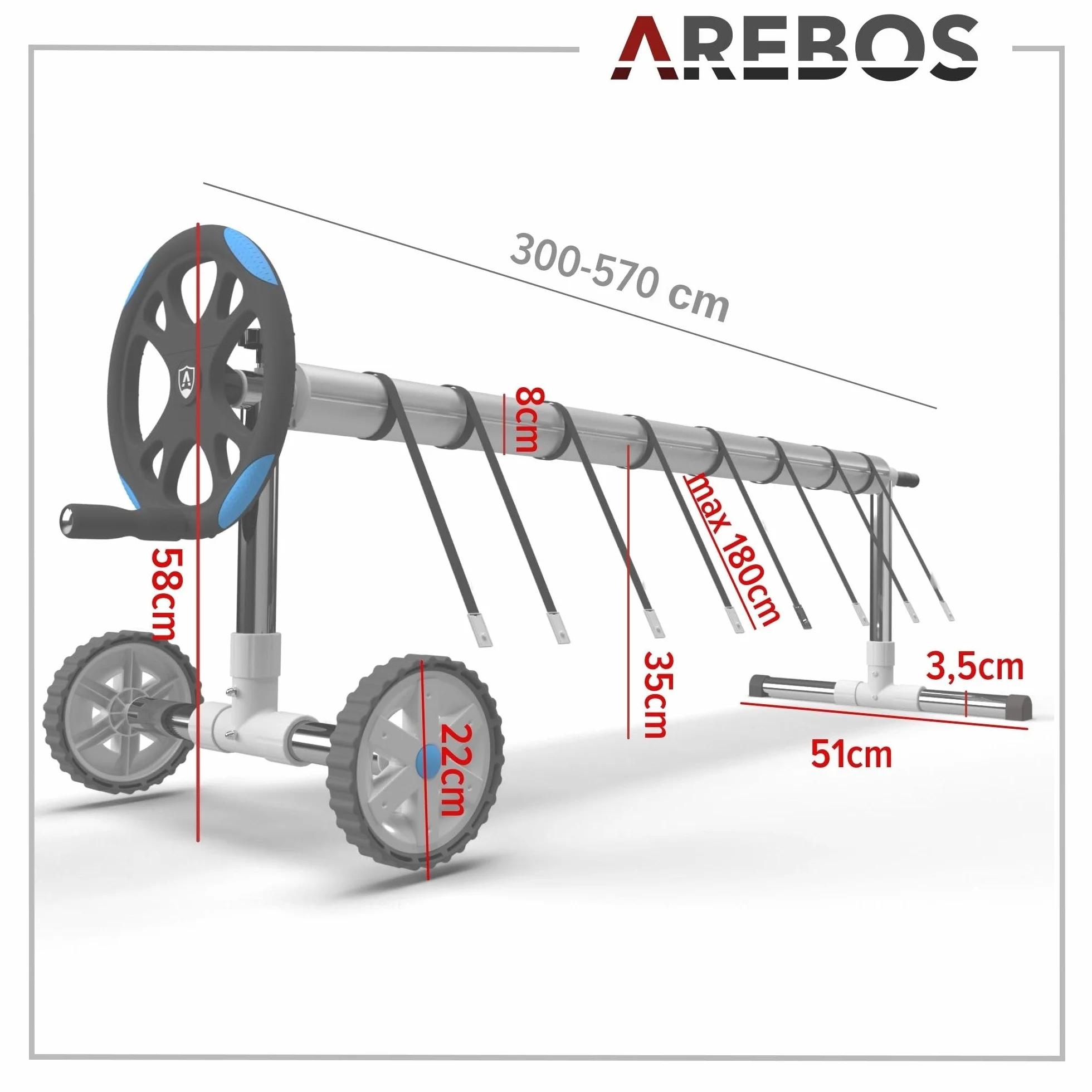 Arebos Zwijacz do basenu Mobilny system zwijania Długość 3-5,70 m Materiał odporny na warunki atmosferyczne Mocowanie i rolki
