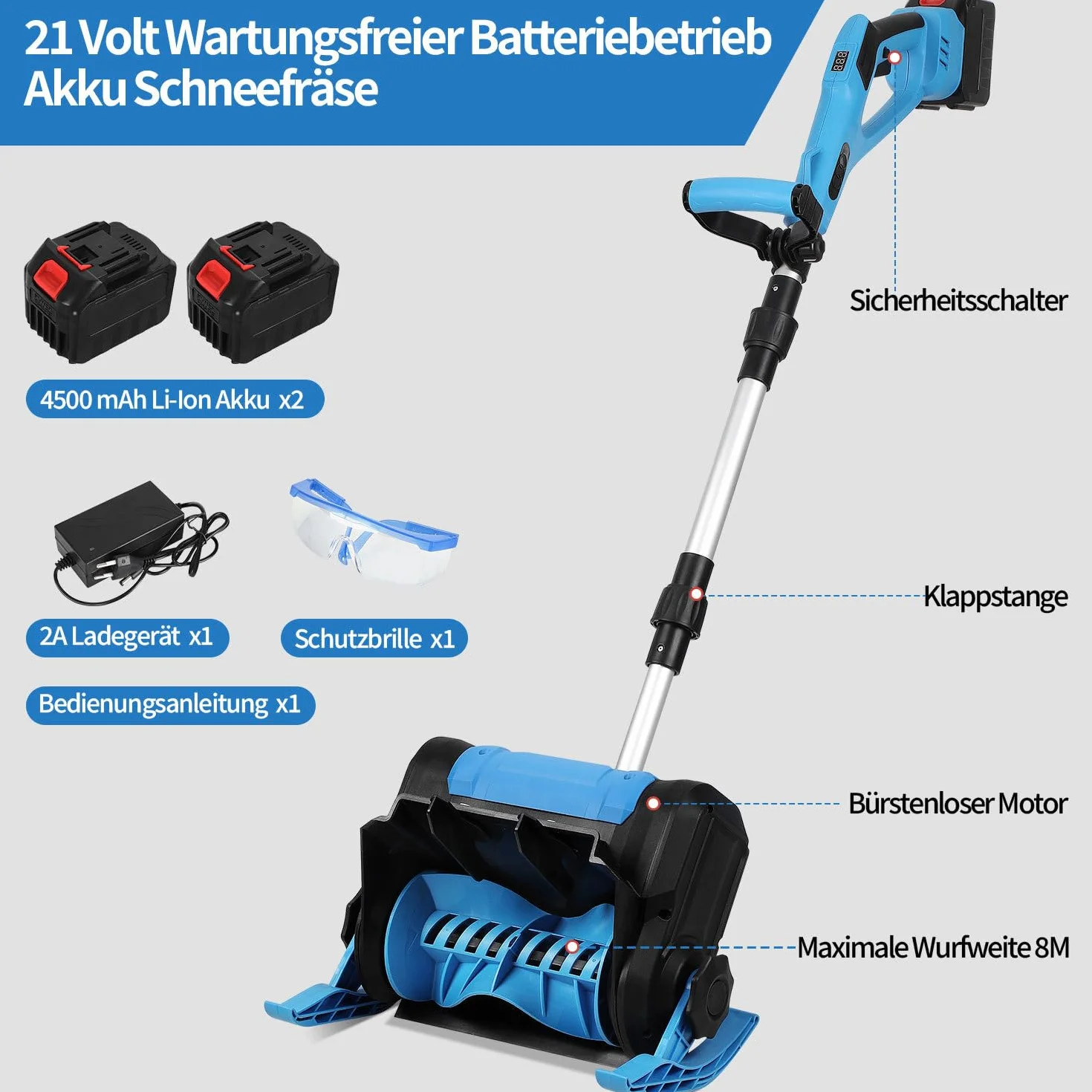 Odśnieżarka akumulatorowa 21 V 1000 W z 2 akumulatorami 4500 mAh i ładowarką, szerokość robocza 25 cm, wysokość śniegu 15 cm, zasięg wyrzutu 8 m, silnik bezszczotkowy, lekka (3,6 kg