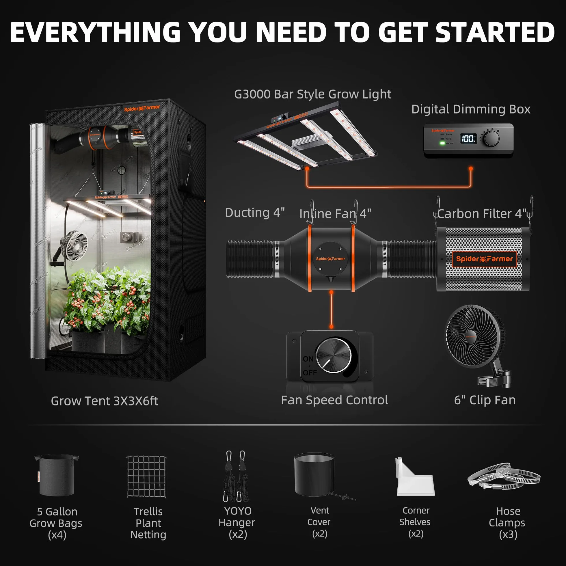 Spider Farmer Kit Complet de Tente de Culture 90x90x180cm G3000 Bar Style LED Grow Light Full Spectrum Système Complet de Tente de Culture Indoor Grow Tent Kit 1680D Canvas with 4" Inline Fan Filter