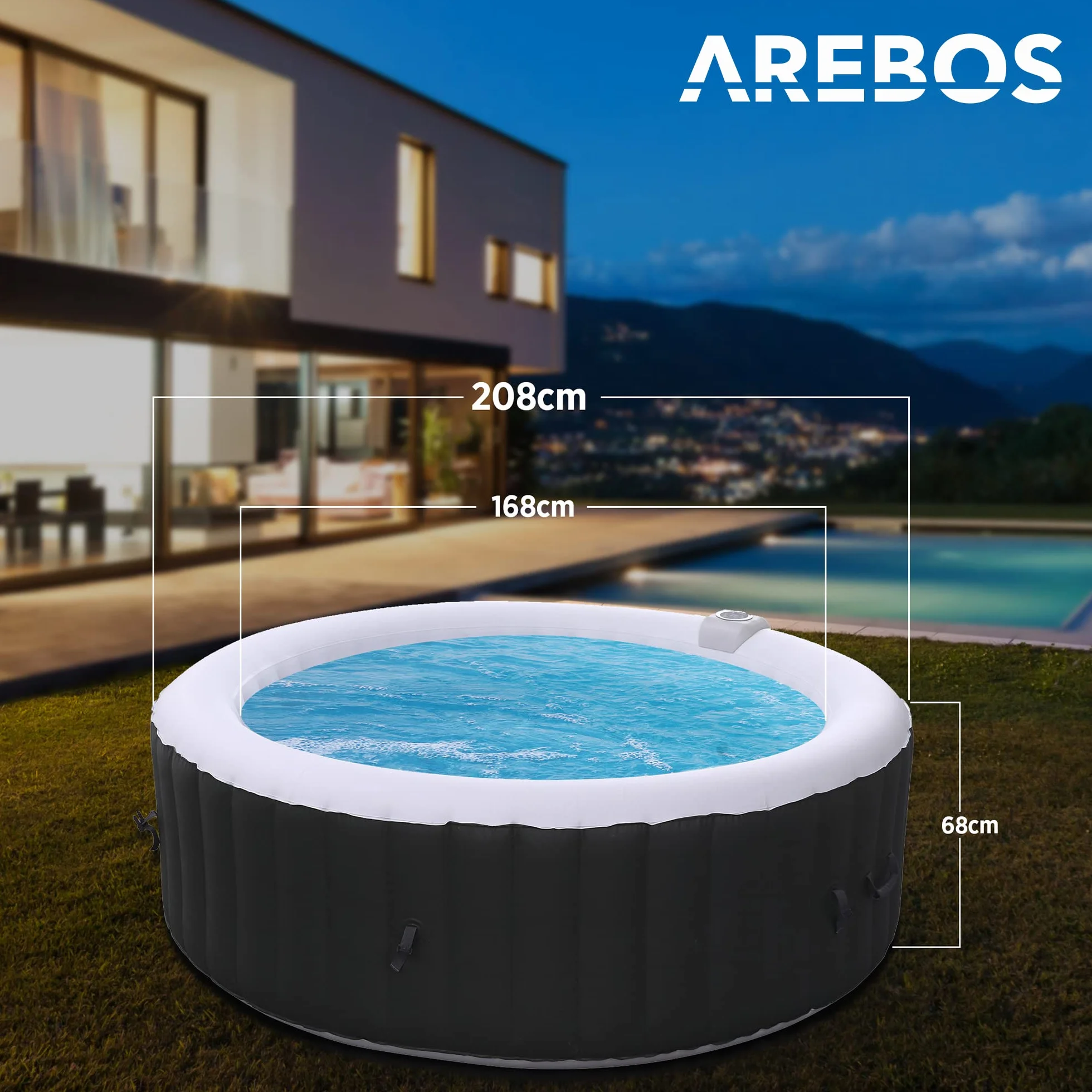 Arebos Nadmuchiwane Spa 6 Osób 208 cm Okrągły 130 Dysz Masujących 1000 Litrów z Ogrzewaniem