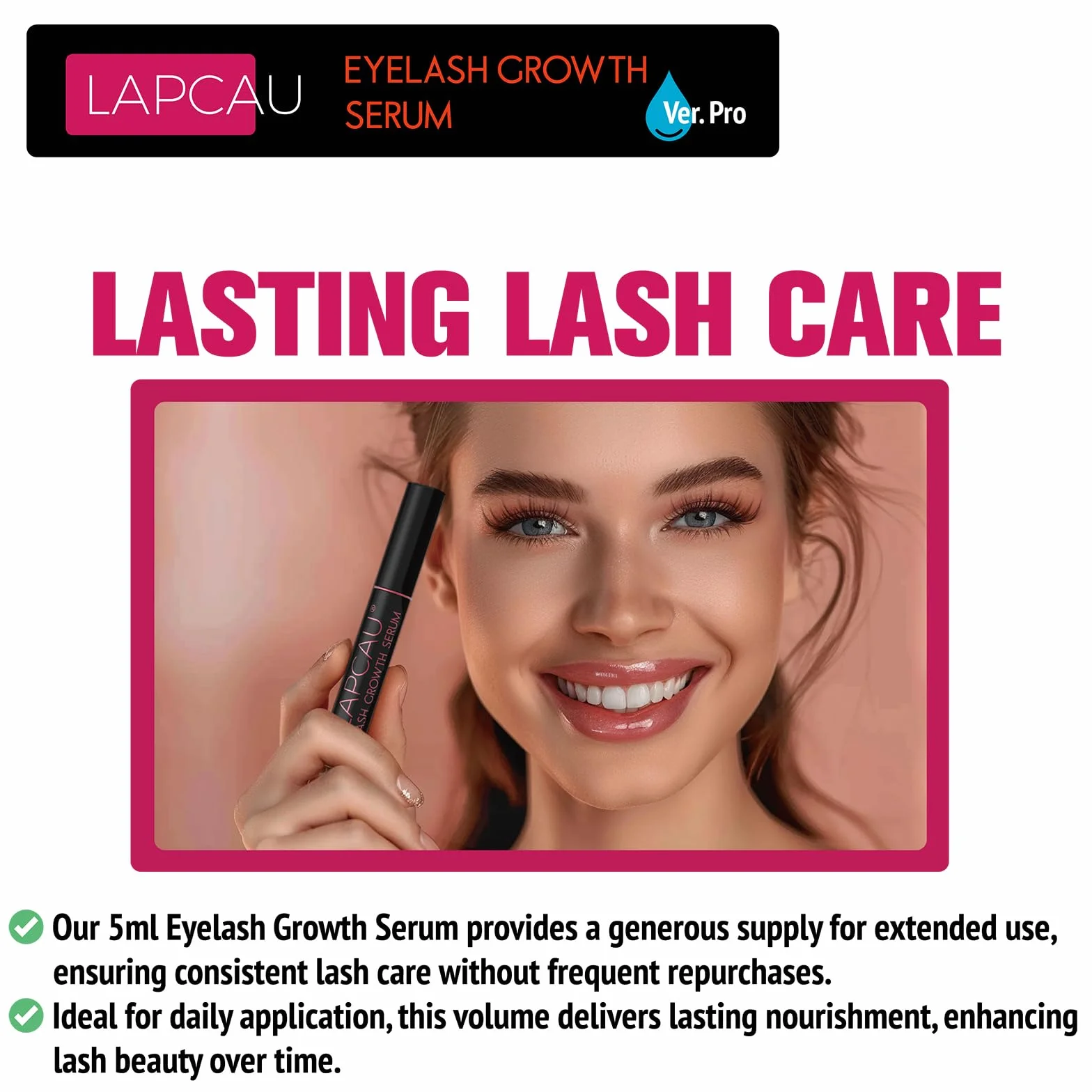 Serum do rzęs 5 ml – Long Lashes serum do wzrostu rzęs, bez hormonów, dla dłuższych i pełniejszych rzęs, serum bez hormonów