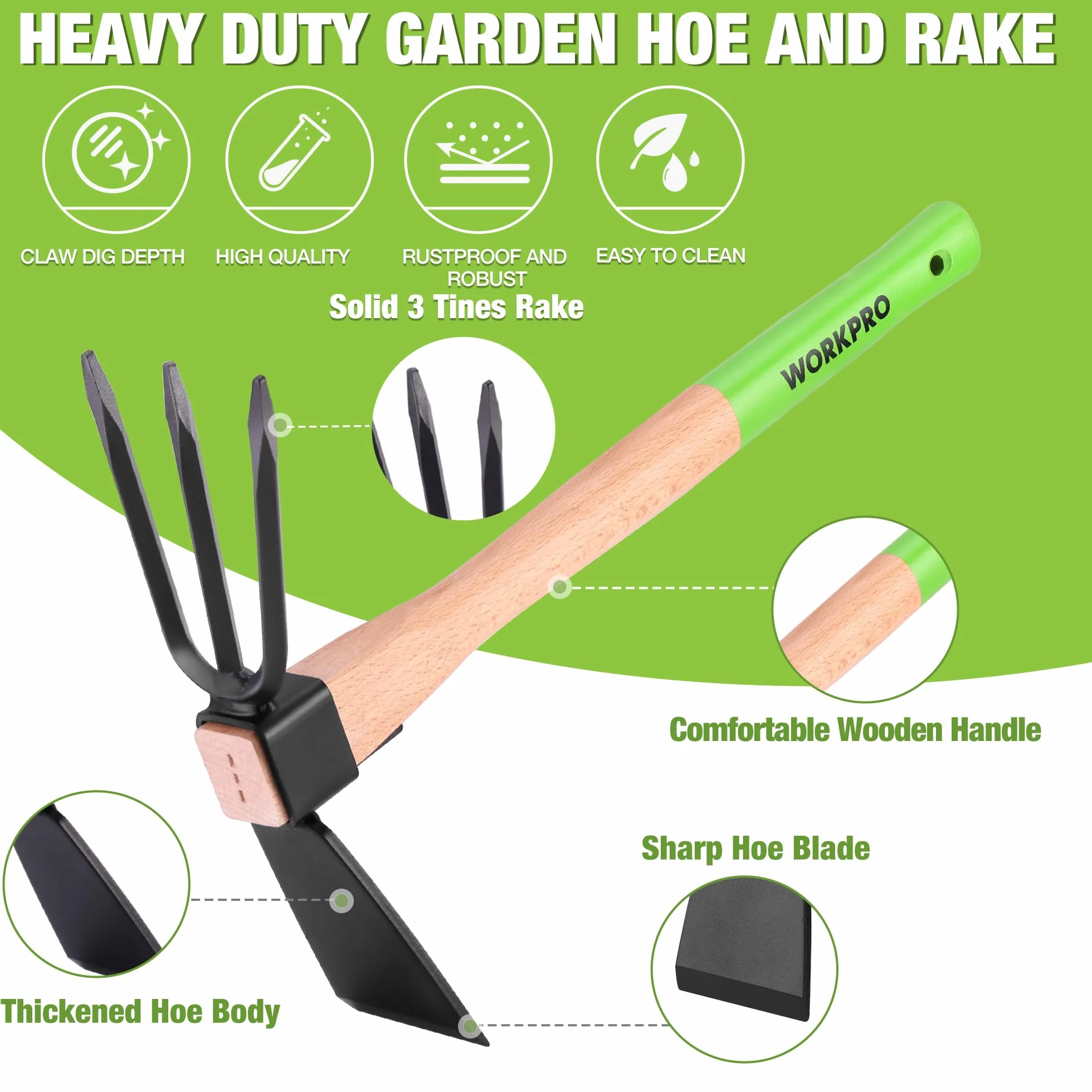 WORKPRO Motyka i kultywator grabie ogrodowe z drewnianym uchwytem 35 cm, ostrym ostrzem motyki i wytrzymałym 3 pazurami, 2 w 1, wytrzymałe narzędzia ręczne do kopania, spulchniania gleby, pielenia