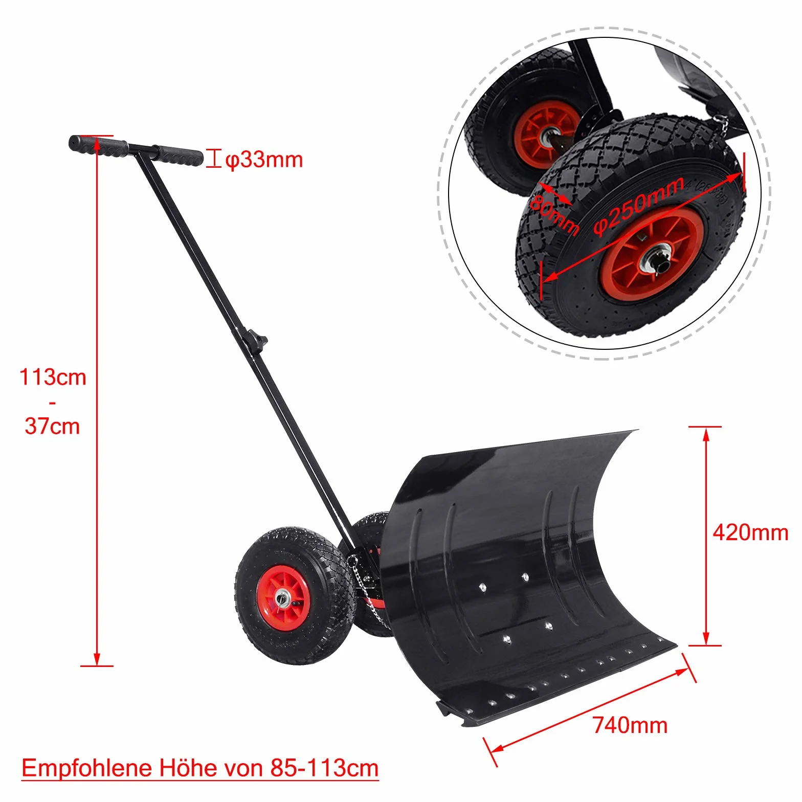 Aufun Łopata do śniegu z kółkami 75 cm metalowa odśnieżarka z regulacją wysokości