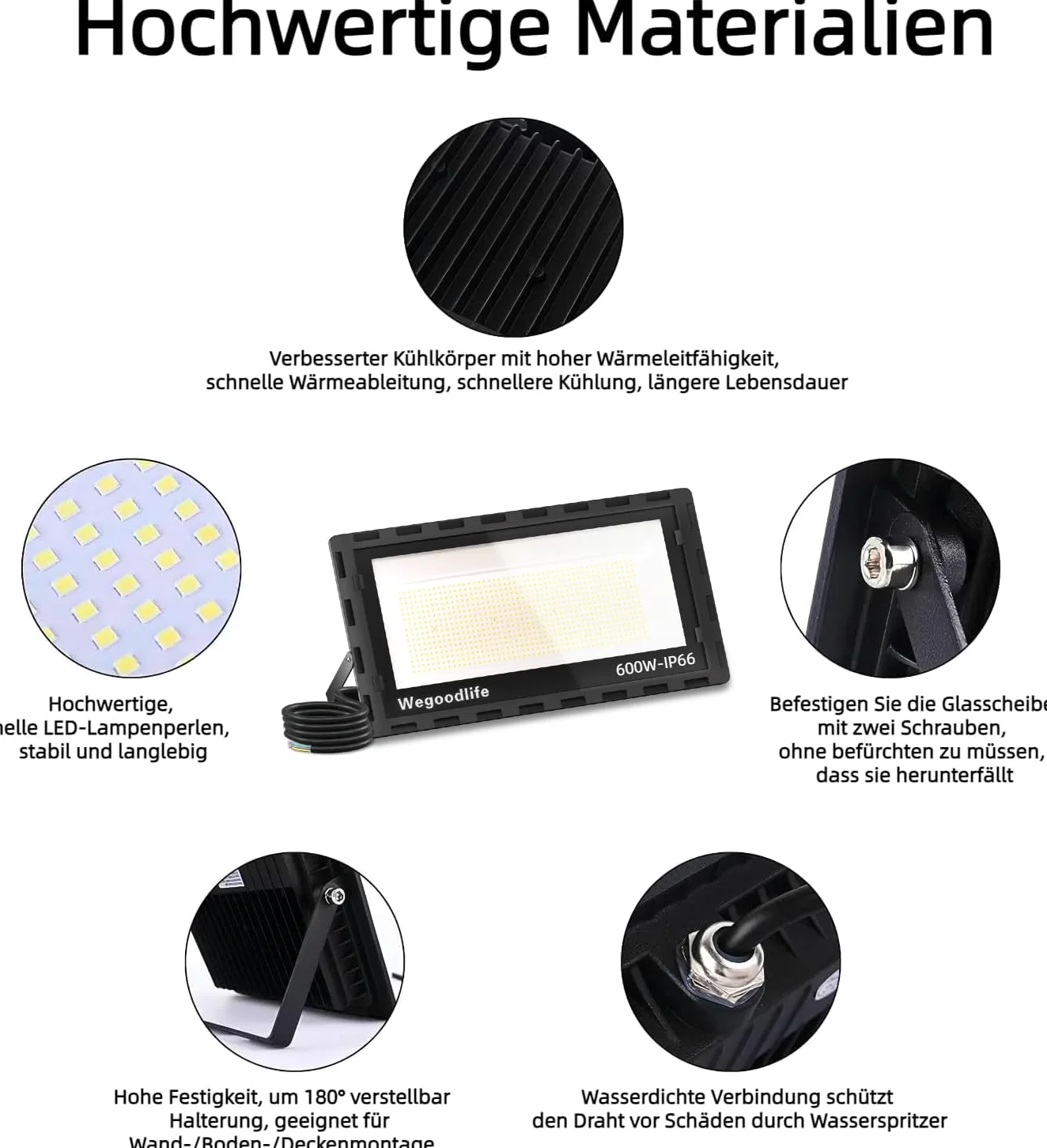 Reflektor LED 600 W, bardzo jasny, 60000 lm, 6500 K, zimna biel, IP66, wodoszczelny reflektor LED, kabel 50 cm, bez wtyczki, lampa zewnętrzna do ogrodu, na podwórko, korytarz