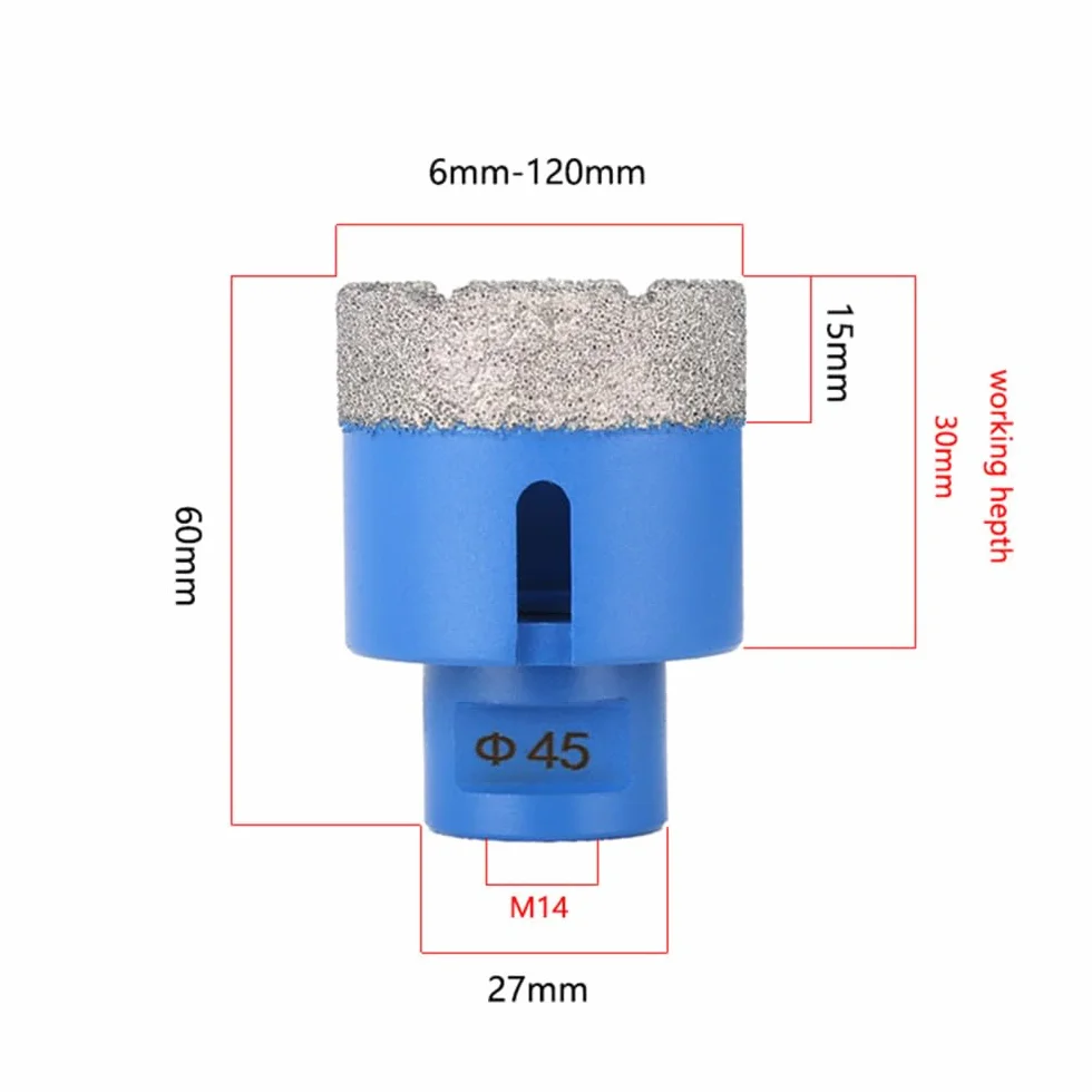 6-120mm Gwint M14 Lutowane próżniowo Suche diamentowe wiertła rdzeniowe Otwornica do płytek ceramicznych Granit Marmur Porcelana Cegła Wiertło do kamienia, 60mm