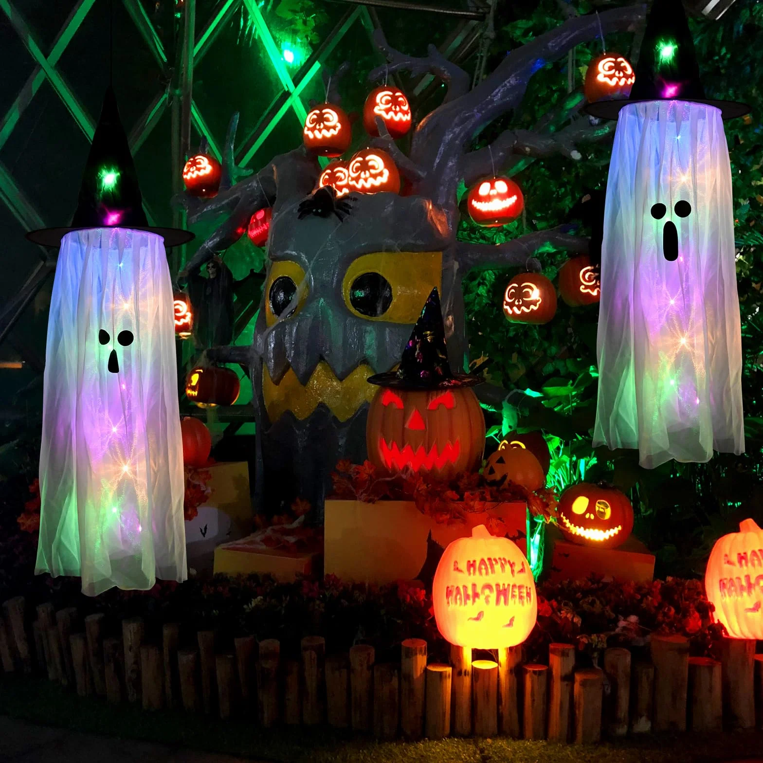 Halloween wiszące dekoracje świecący kapelusz ducha LED