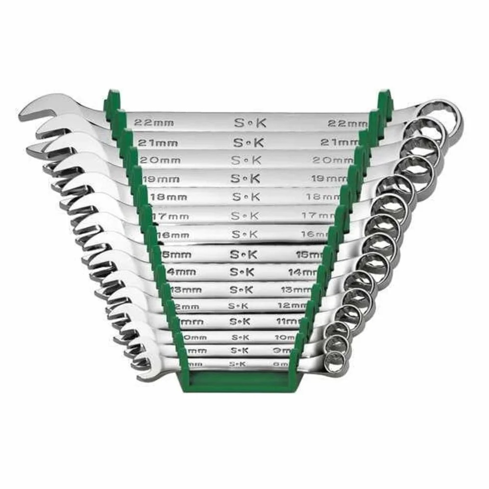 SK Professional Tools 86265 15-częściowy 12-punktowy metryczny standardowy zestaw kluczy płasko-oczkowych - wykończenie SuperKrome, zestaw 15 chromowanych kluczy wyprodukowanych w USA
