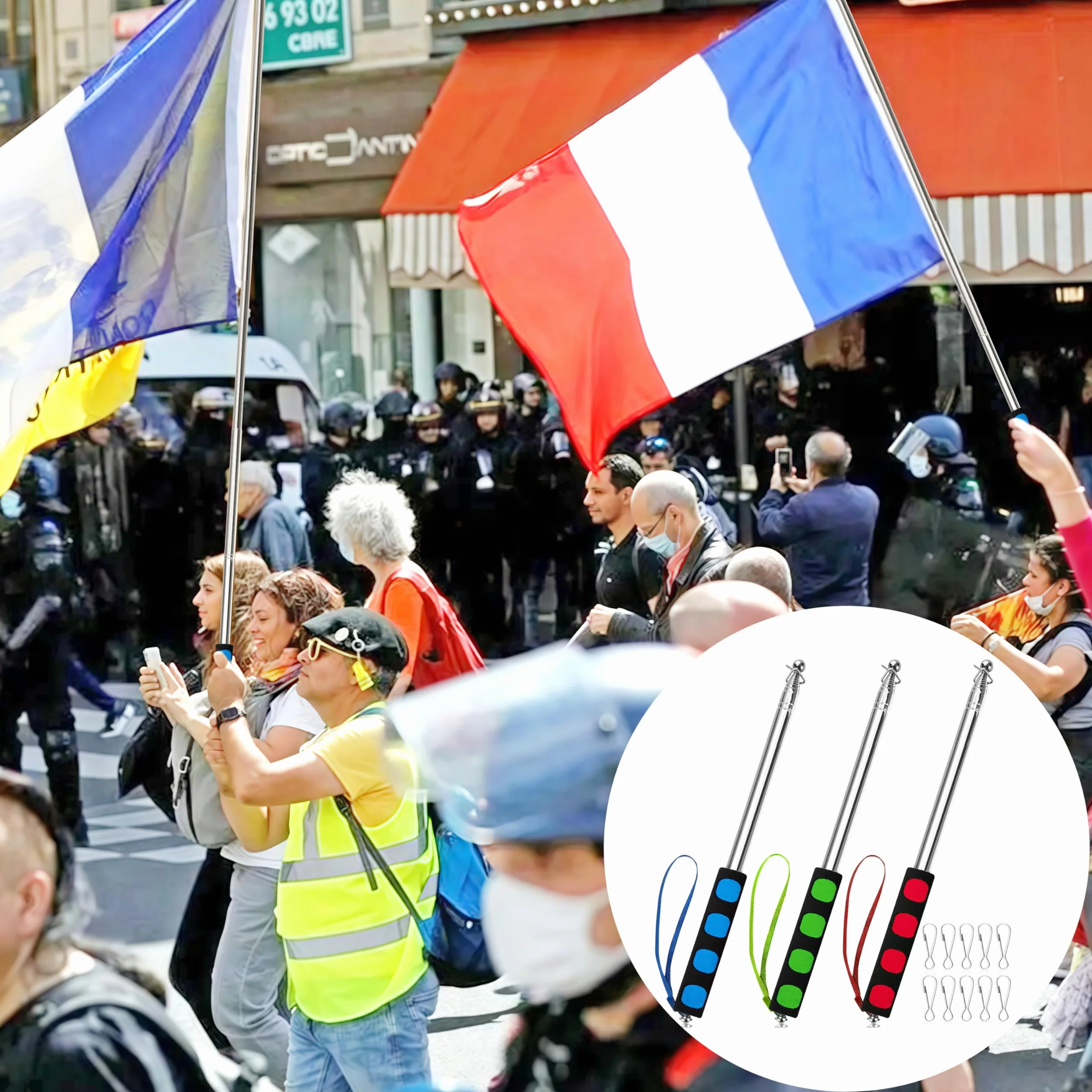 Teleskopowy maszt na flagę, 3 sztuki, 1,6 m, ze stali nierdzewnej, teleskopowy maszt z 10 klipsami, przenośny, ręczny drążek na flagę na podróż, kemping, dla nauczyciela